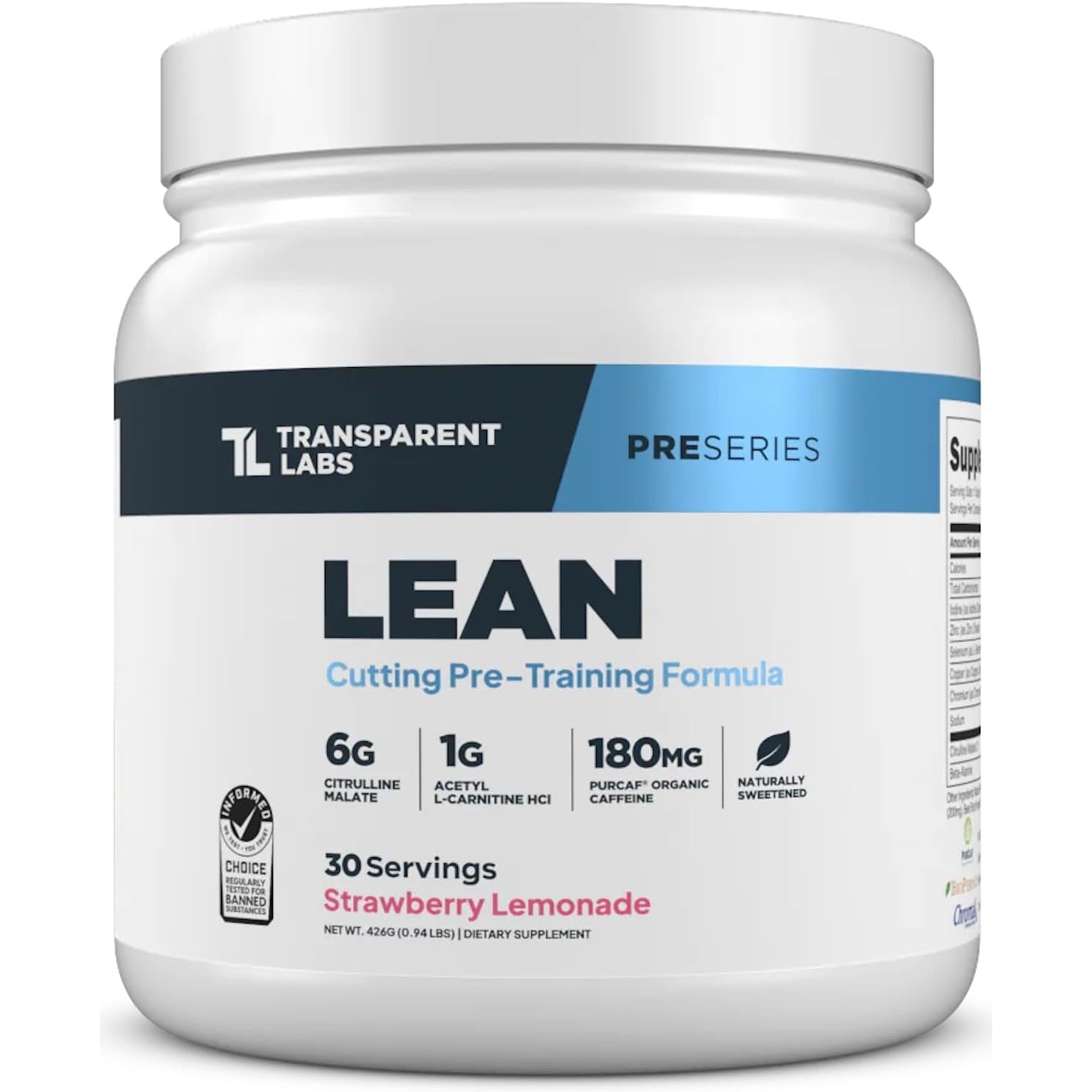 Transparent Labs Lean Pre-Workout - Body Recomposition Pre Workout for Men and Women with Acetyl L-Carnitine, Beta Alanine Powder, & Purcaf Organic Caffeine Powder - 30 Servings, Strawberry Lemonade