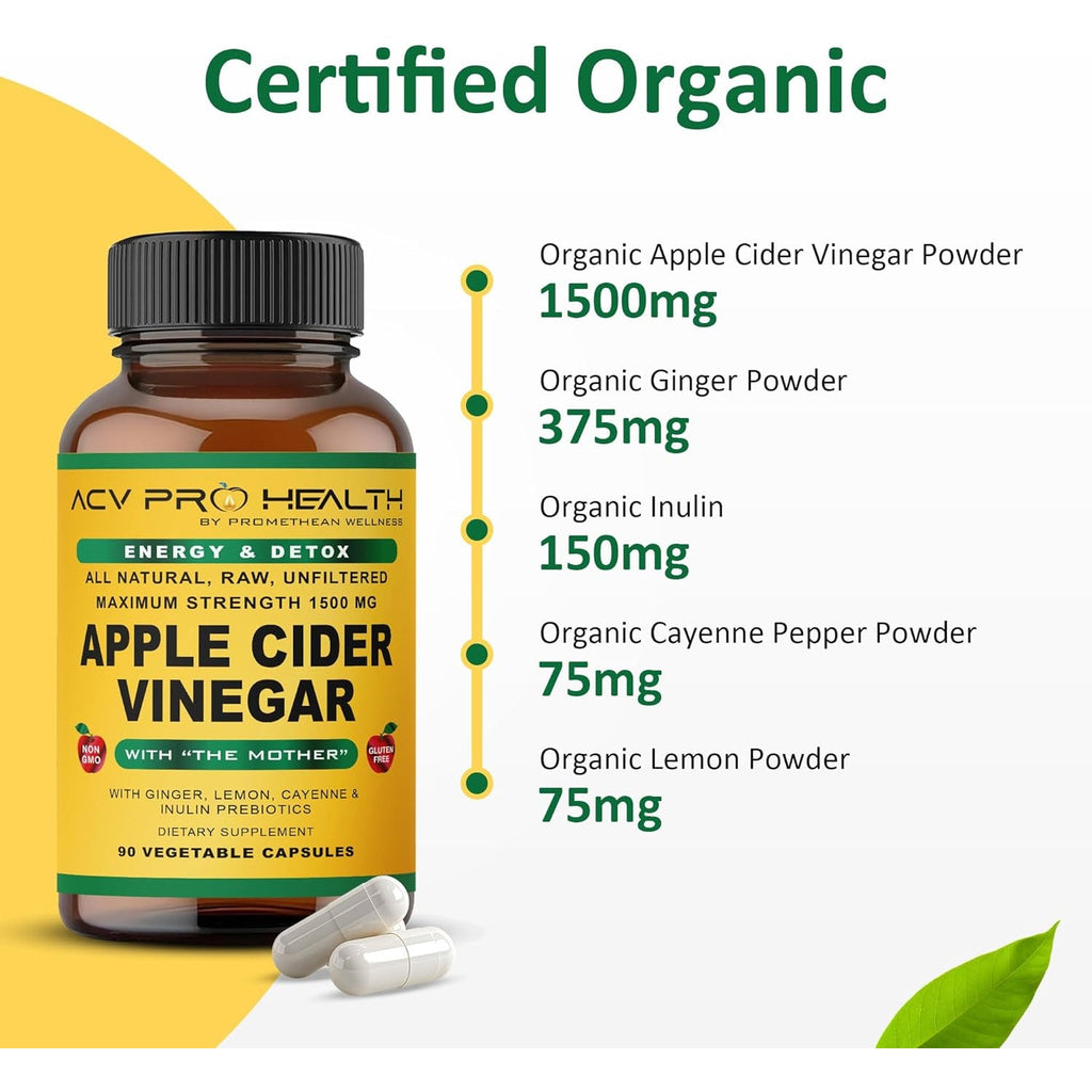 Promethean Wellness ACV Pro Apple Cider Vinegar Capsules Certified Organic with Mother ACV Pills Detox Cleanse Acid Reflux Relief Support Supplement Ginger Root Cayenne Pepper Powder (90 Count)