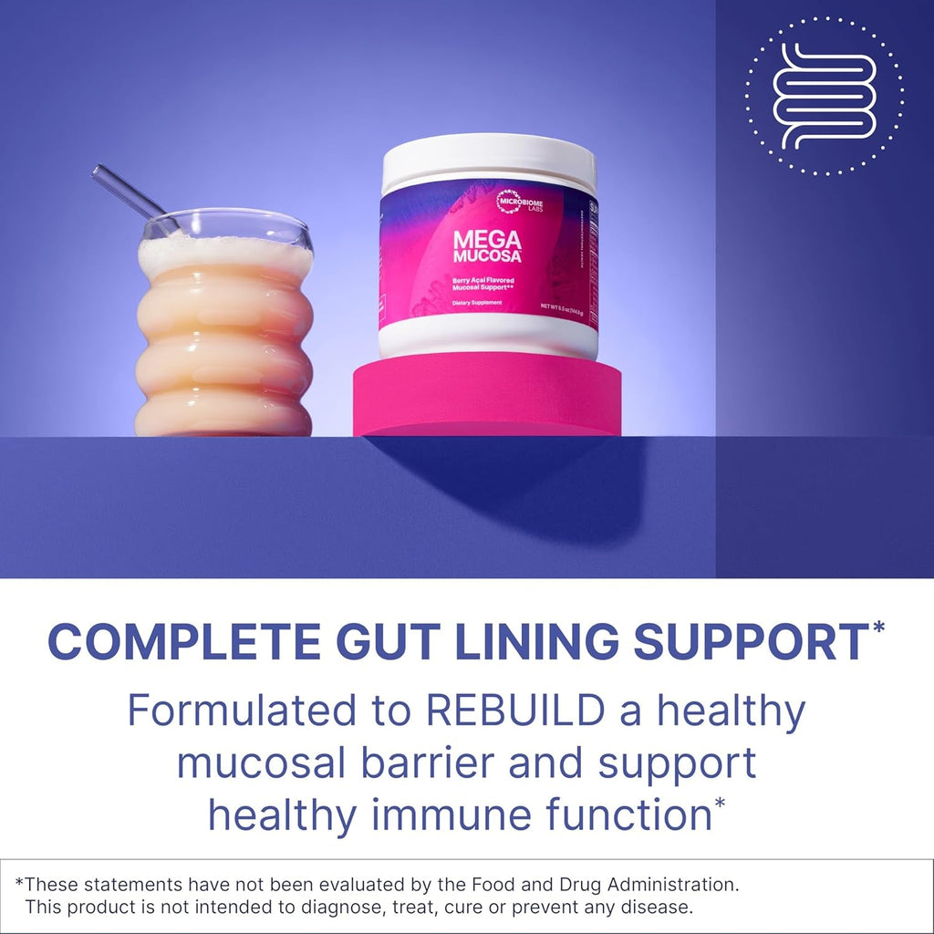 Microbiome Labs Megamucosa Gut Health Powder - Digestive Supplement with Complete Mucosal Support for Healthy Gut & Immune Function - Dairy-Free Immunoglobulins & Amino Acids - Berry Acai (5.5 Oz)