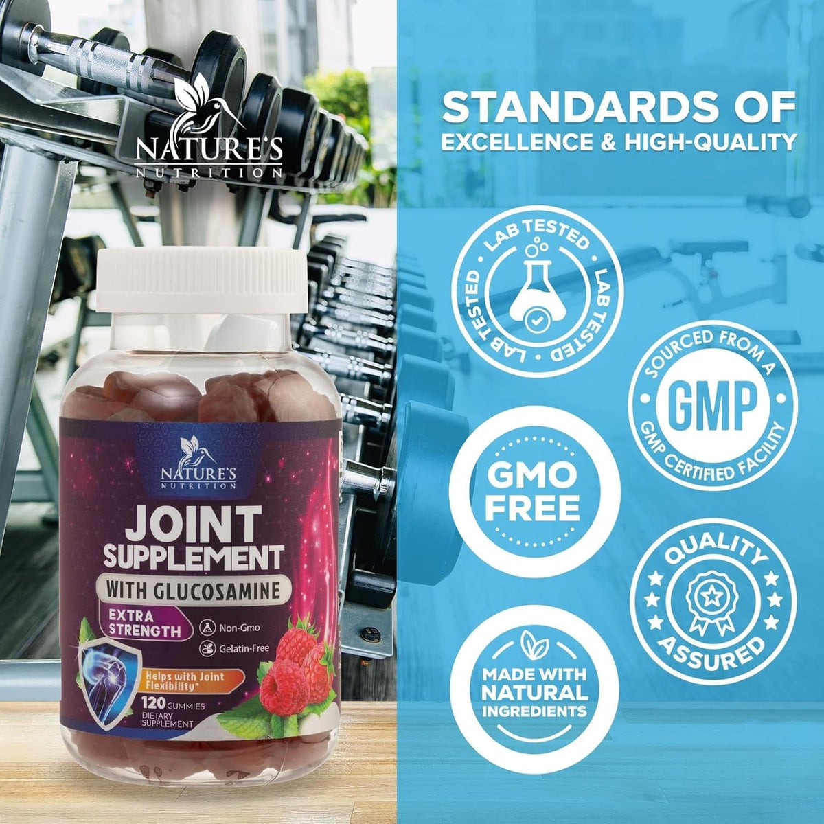Joint Support Gummies - Glucosamine plus Vitamin E Nature'S Joint Support Supplement for Occasional Discomfort for Back, Knees & Hands - Cartilage & Joint Health & Flexibility Support - 120 Gummies