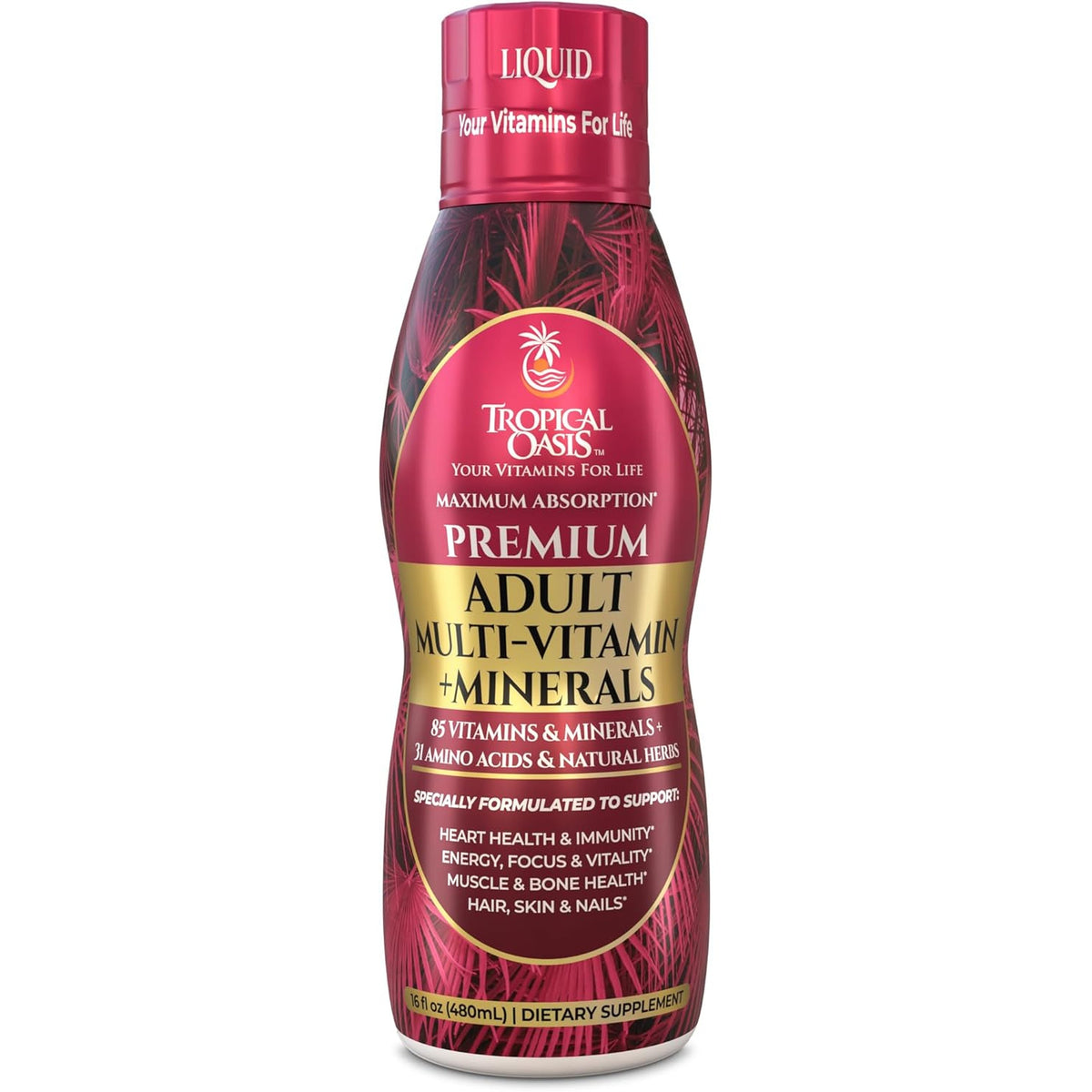 Tropical Oasis Adult Liquid Multivitamin -Liquid Multi-Vitamin and Mineral Supplement with 125 Total Nutrients Including; 85 Vitamins & Minerals, 23 Amino Acids, and 18 Herbs - 16 Fl Oz, 32 Serv
