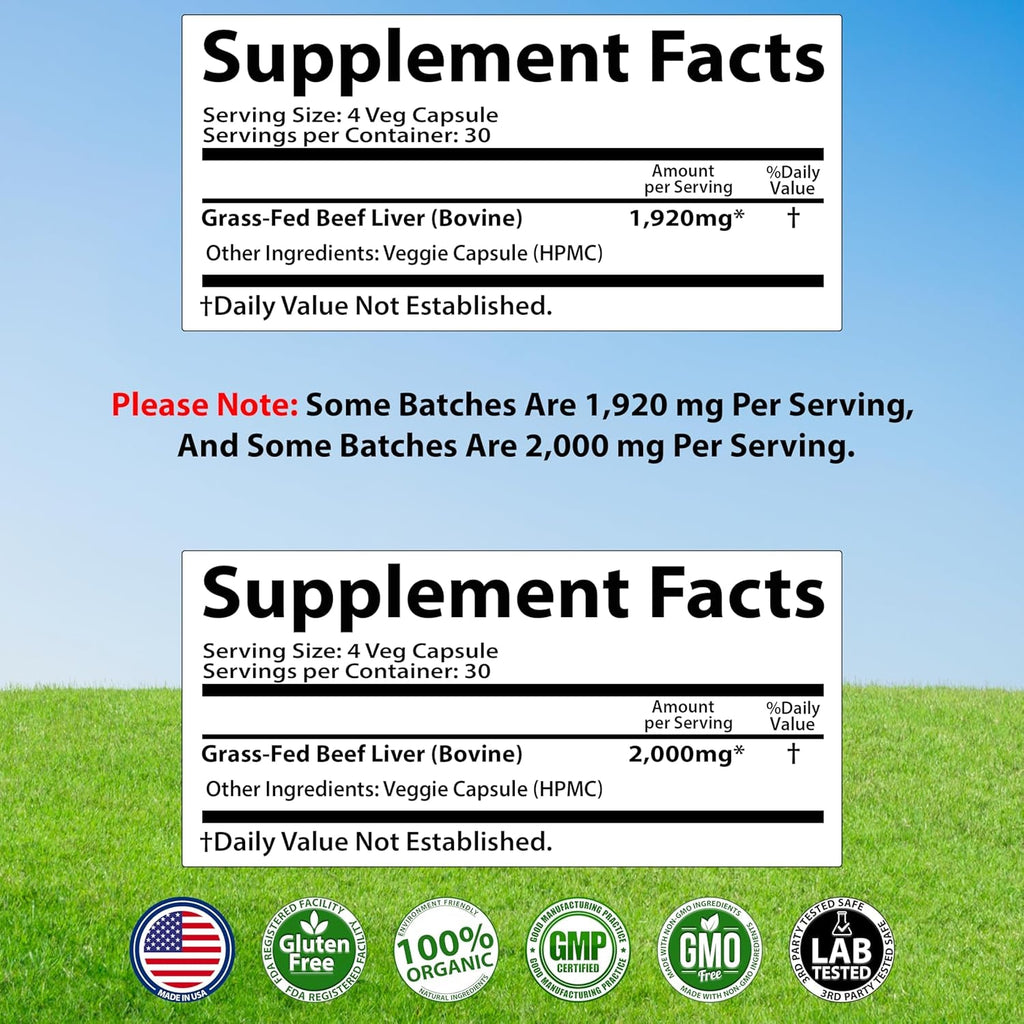 Grass Fed Desiccated Beef Liver Capsules (120 Pills, 480-500Mg Each) - Natural Iron, Vitamin A, B12 for Energy - Humanely Pasture Raised Undefatted without Hormones or Chemicals