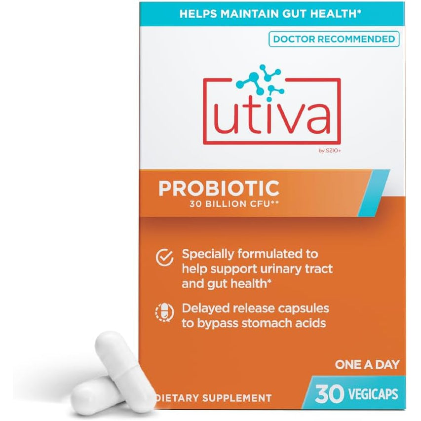 Szio+ Utiva Probiotic – Urinary Tract and Gut Health Supplement – 12 Billion CFU Lactobacillus & Bifidobacterium Probiotic for Men and Women, 30 Delayed Release Vegi Capsules