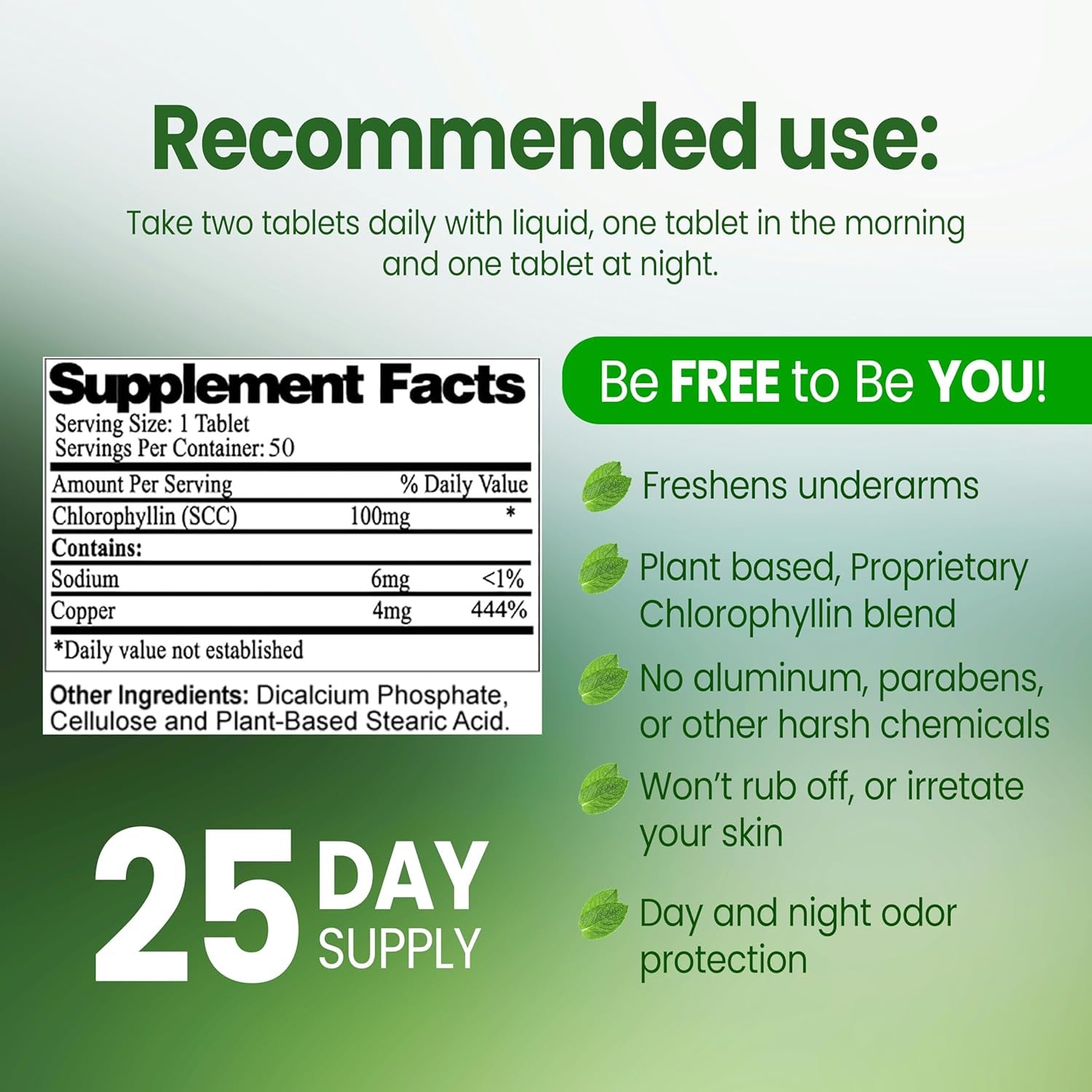 Body Mint Original | Chlorophyll Deodorizing Supplement for Full Body Freshness | Aluminum-Free Plant-Based Internal Deodorant | Fresh Underarms, Breath, Body & Feet | 50 Tabs