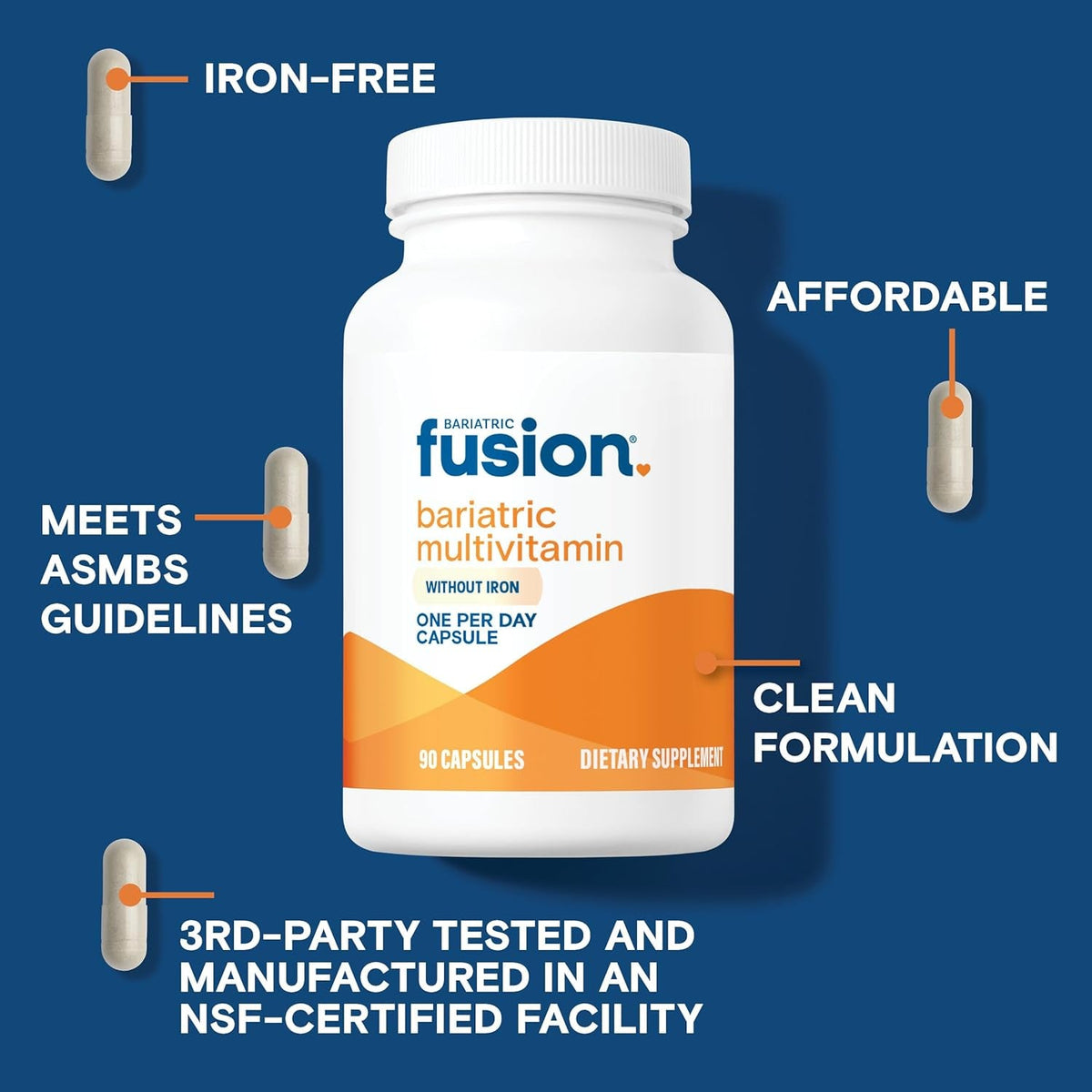 Bariatric Fusion Bariatric Multivitamin without Iron | 1 per Day | Post Surgery Patients | Iron Free Vitamin for Gastric Bypass and Sleeve Gastrectomy | Easy to Swallow Capsules | Three Month Supply