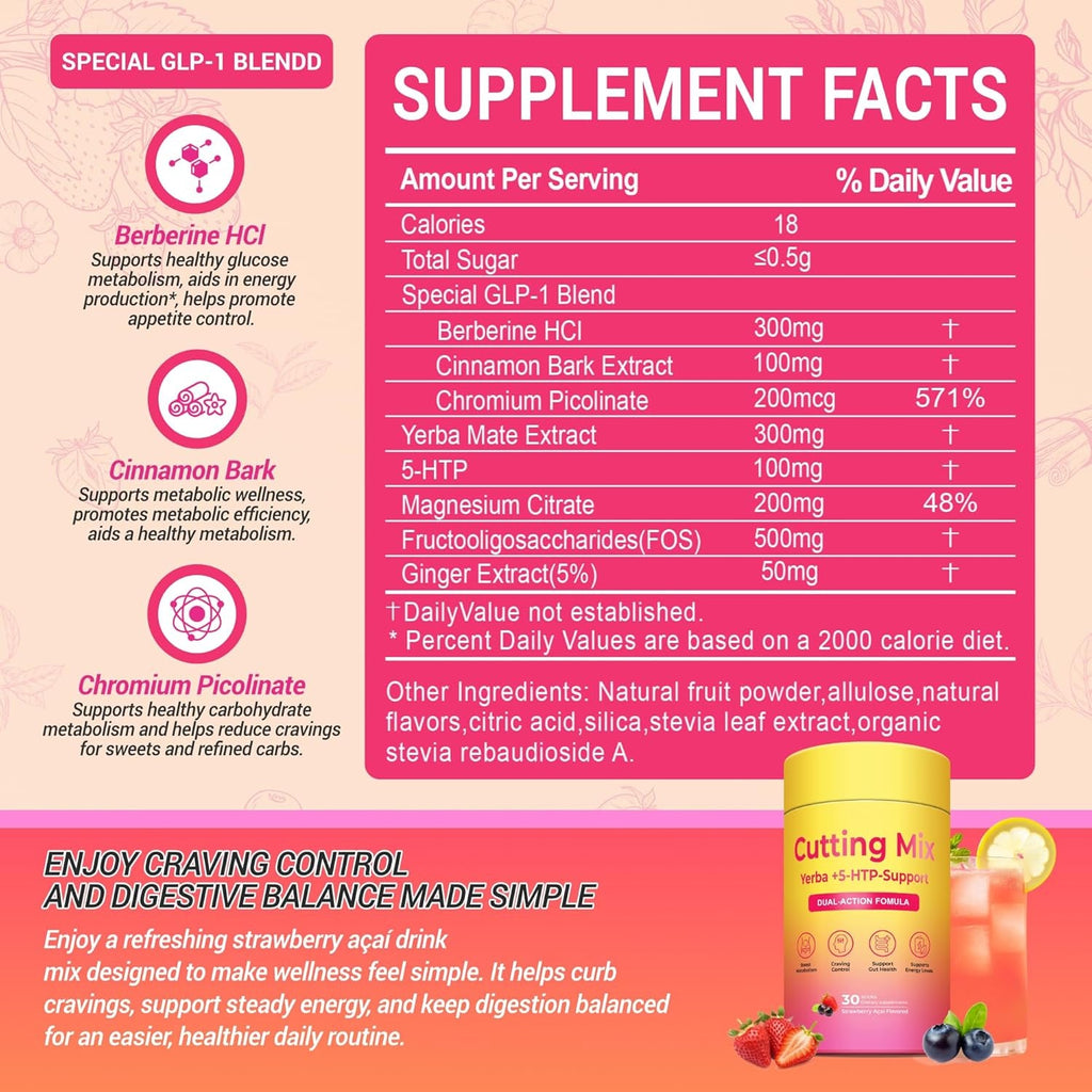 Cutting Mix Drink – Satiety & Metabolism Support | Berberine, Chromium, FOS, Yerba Mate & 5-HTP | Gut Health & Energy | Sugar-Free, Vegan, Non-Gmo | Strawberry Açaí | 30 Sticks