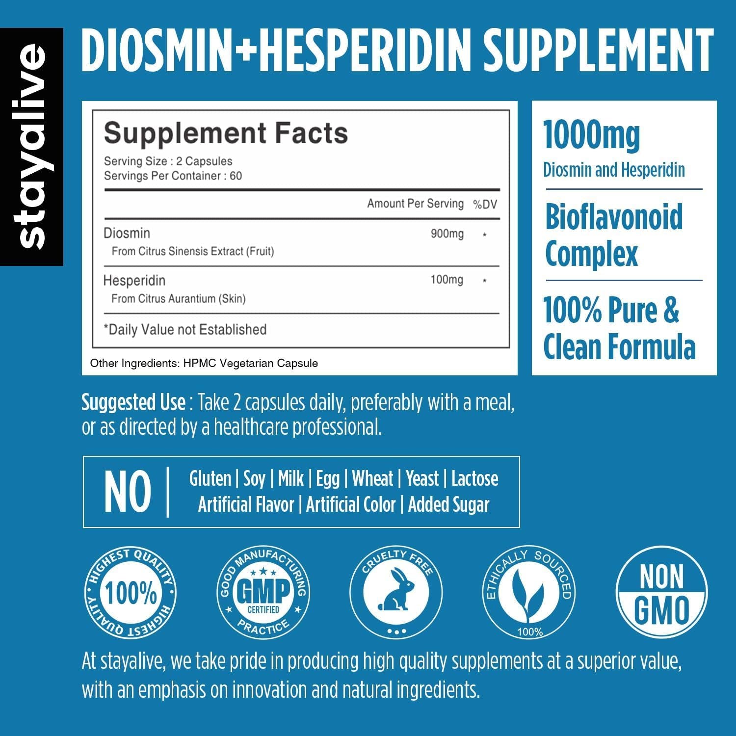 STAY ALIVE Diosmin Hesperidin 1000Mg Complex, 120 Count, Citrus Bioflavonoids Rich Fruit Extract, 2 Month Supply, 100% Vegetarian, Non-Gmo & Gluten Free Hesperidin and Diosmin Supplement Capsules