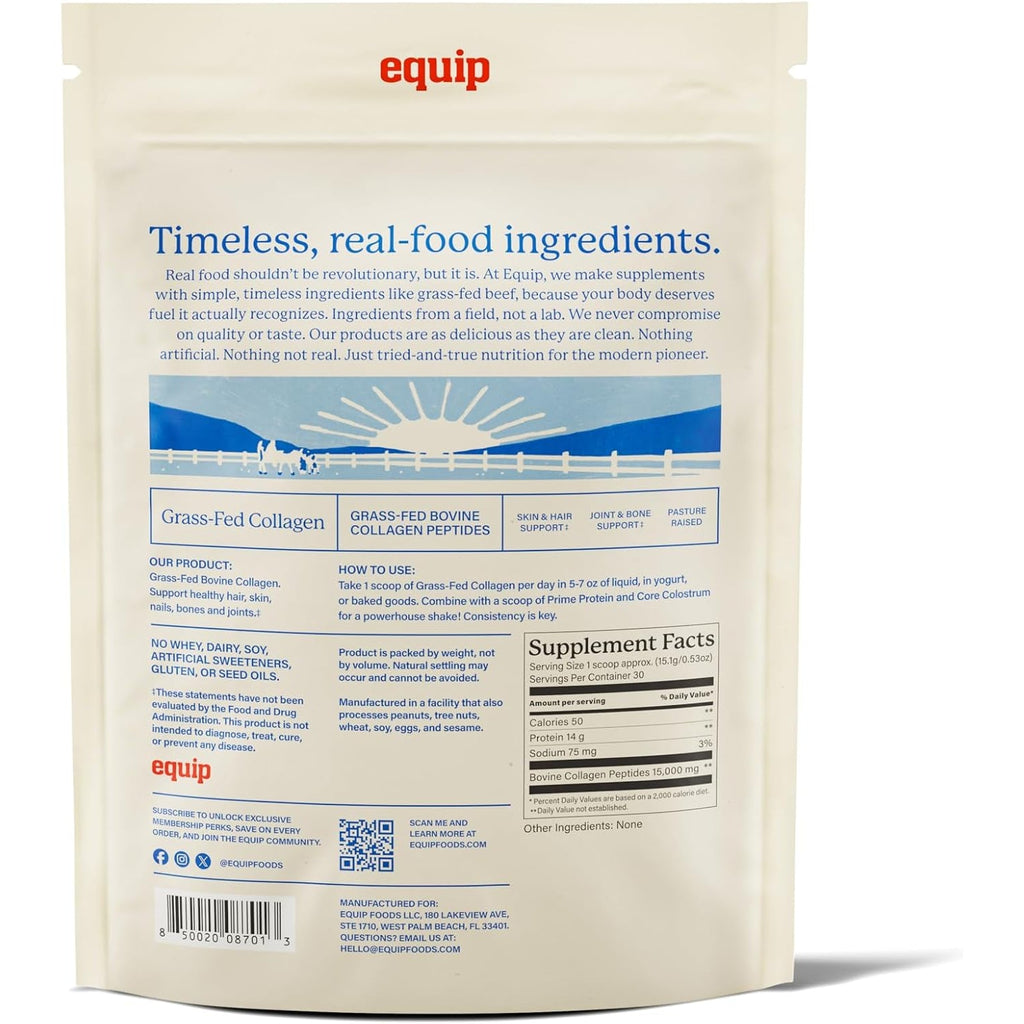 Equip Foods Grass Fed Collagen Powder | Hydrolyzed Bovine Collagen Peptides with Amino Acids | Prime Beef Collagen for Healthy Joints, Skin & Nails | Non-Gmo, Paleo Friendly | 30 Servings, Unflavored
