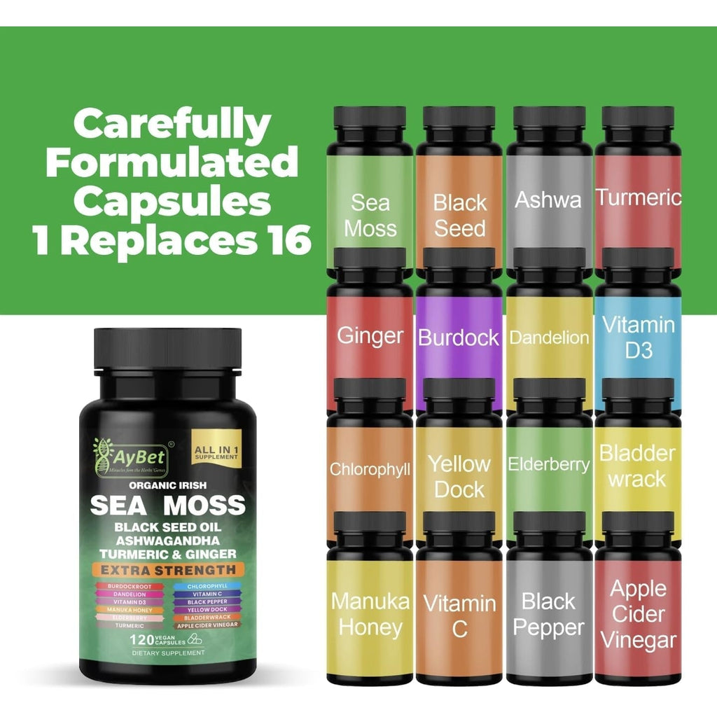 Organic Irish Sea Moss Capsules 120 Count –16 in 1 Sea Moss Supplement with Black Seed Oil, Ashwagandha, Turmeric & Ginger, Bladderwrack & Burdock Root, Vitamin D3 –Organic, Vegan, Halal, Non-Gmo