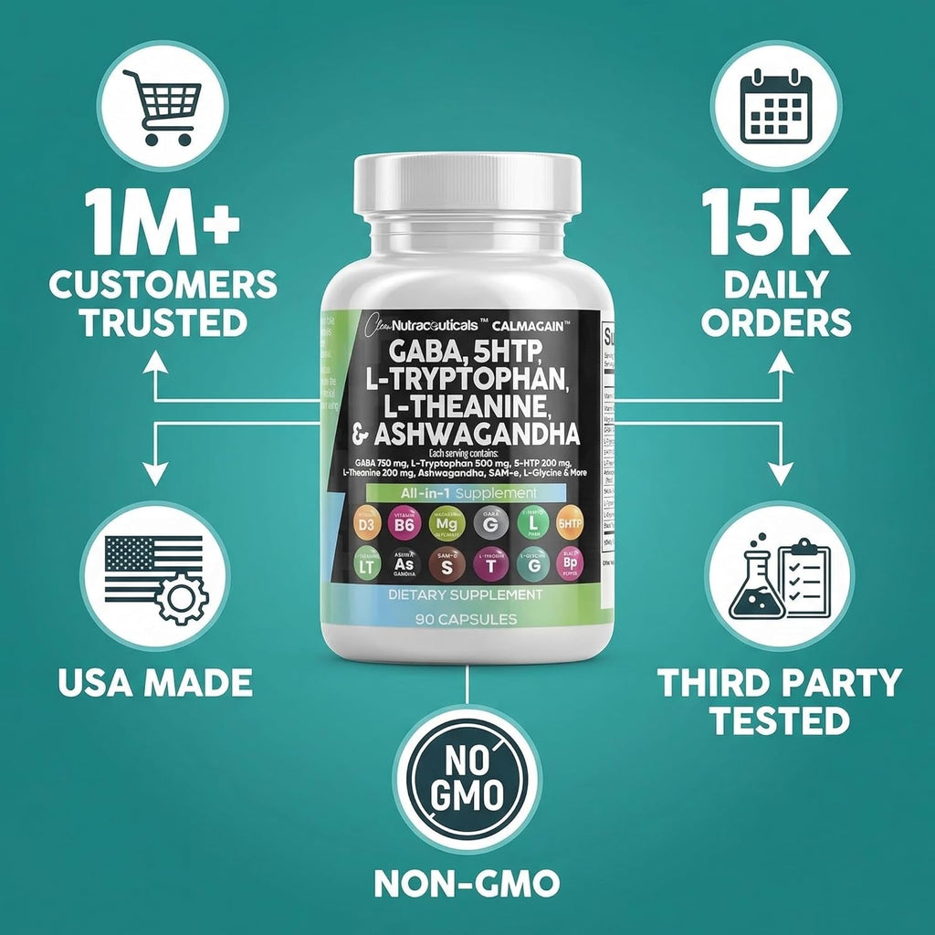 Clean Nutraceuticals GABA 750Mg 5 HTP 200Mg L Tryptophan 500Mg L Theanine 200Mg Ashwagandha Sam-E L-Glycine - Mood Support Vitamins for Women and Men with L-Tyrosine 5-HTP (5-Hydroxytryptophan)