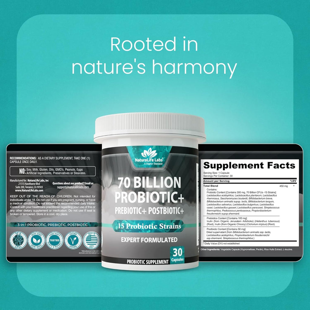 Naturalife Labs Probiotics 70 Billion CFU – 15 Strains + Organic Prebiotic & Postbiotic 3-In-1 – Gut & Digestive Support – Supports Occasional Bloating – Women & Men – Vegan & Shelf Stable – 30 Caps