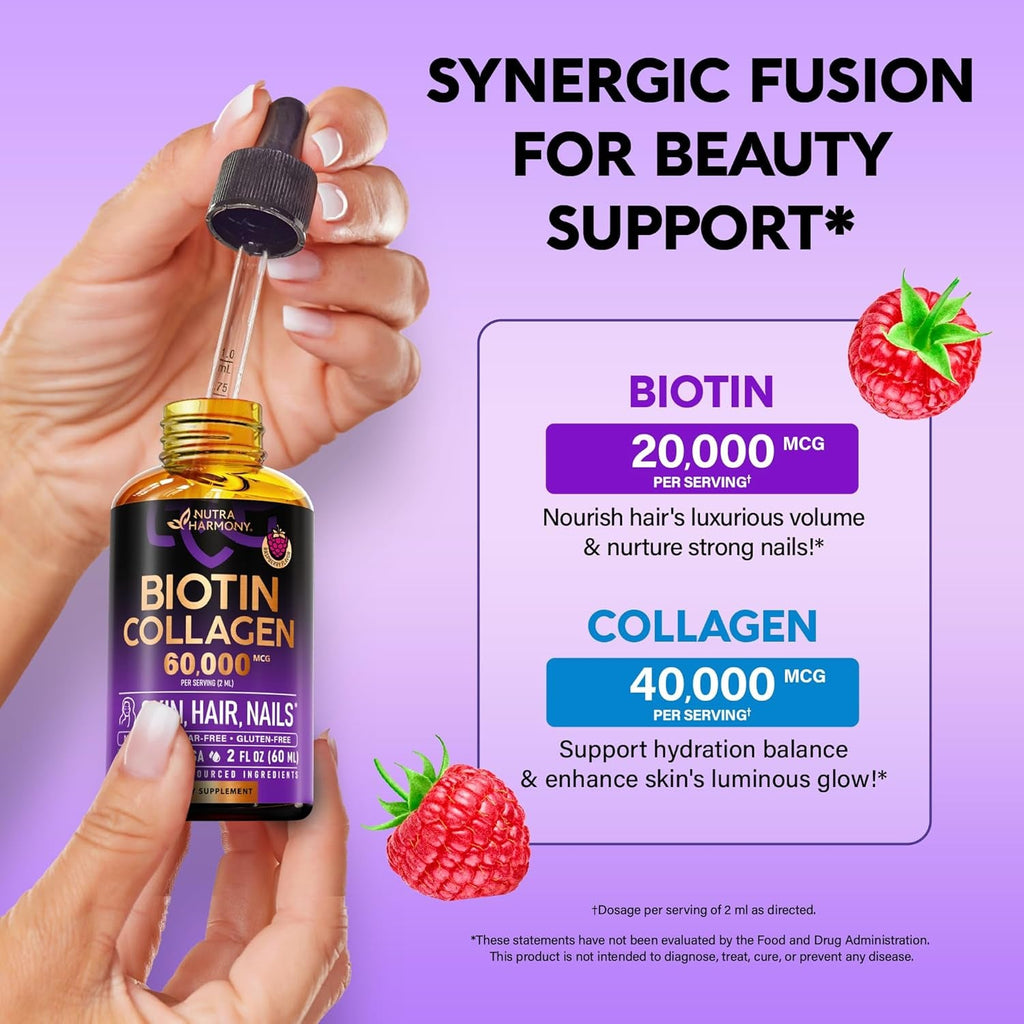 Liquid Biotin & Collagen 60,000 Mcg - Vitamins for Hair Growth Support - Extra Strength Drops for Women & Men - Liquid Collagen Supplement - Strong Nails & Healthy Skin - Raspberry Flavor, 2 Fl Oz