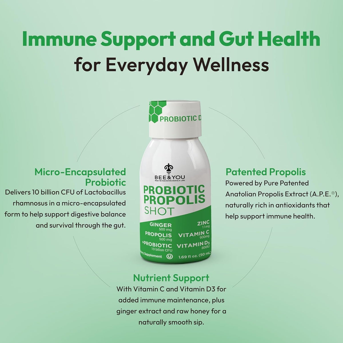Bee and You Propolis Immune Shot, Probiotic, Vitamin C, Vitamin D3, Zinc, Ginger, Immune Support, Gut Health, Digestive Health, Bioactive 1.69 Fl. Oz, 12 Pack