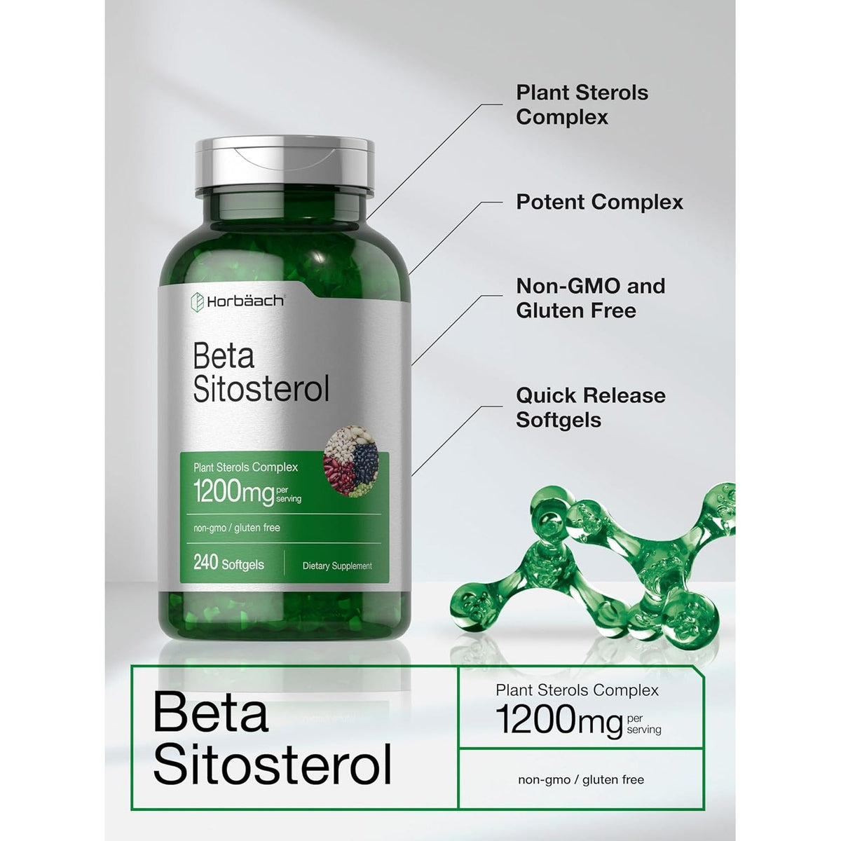 Horbäach Beta Sitosterol 1200Mg | 240 Softgel Capsules | Mega Strength | Plant Sterols Complex | Non-Gmo, Gluten Free Supplement