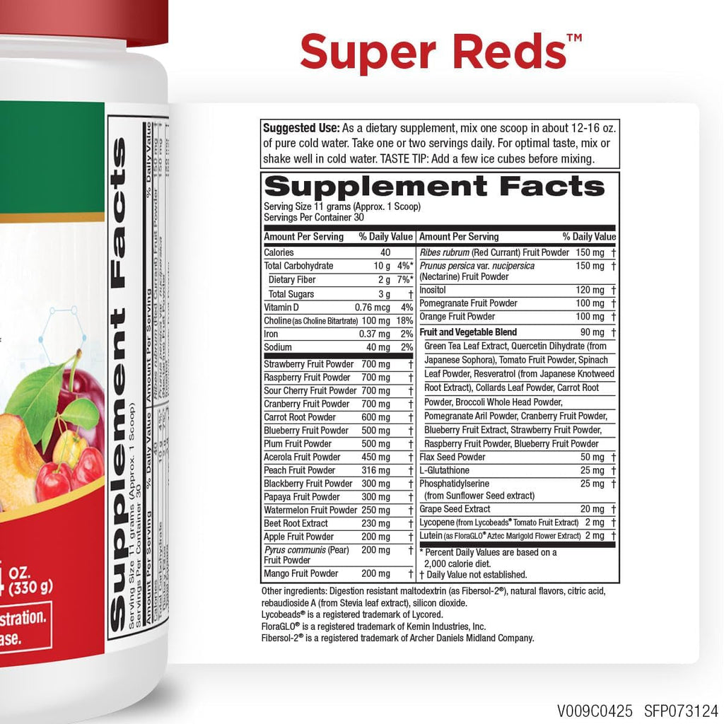 Purity Products Super Reds Powder Phytonutrient Superfood Drink Mix W/Floraglo Lutein - Phytonutrient Blend Containing Polyphenols, Antioxidants & More - 330 Grams - 30 Day Supply