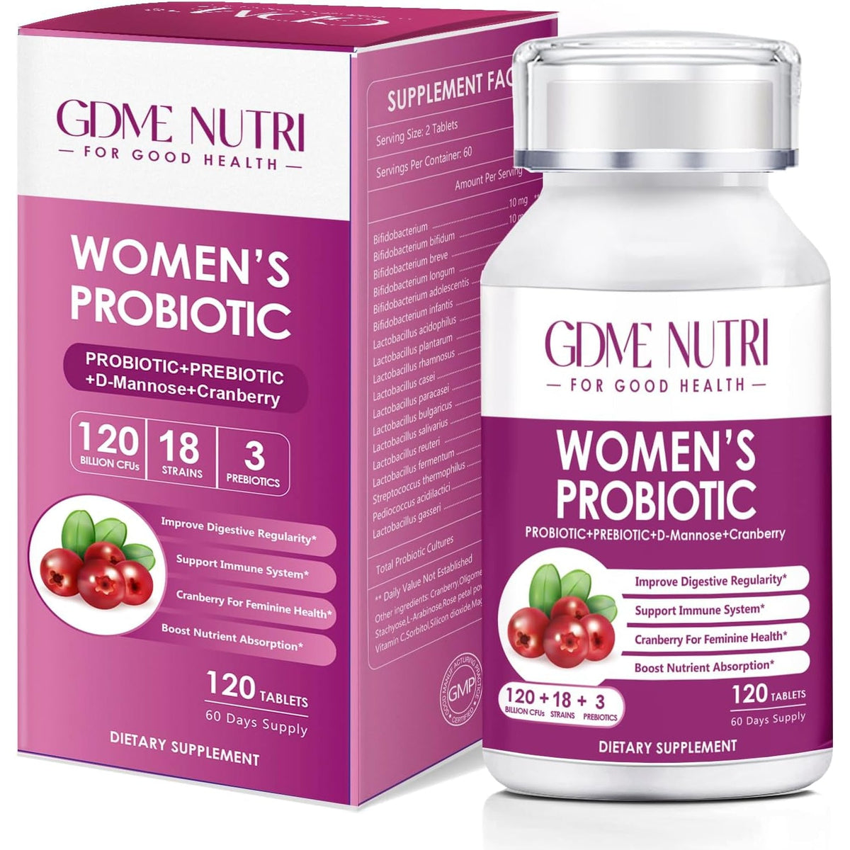 Women'S Probiotics, 120 Tablets 120 Billion CFU 18 Strains, Contains Organic Prebiotic Cranberry, Probiotic Supplement for Digestion, Immunity, Women'S Health, Soy Gluten Dairy Free