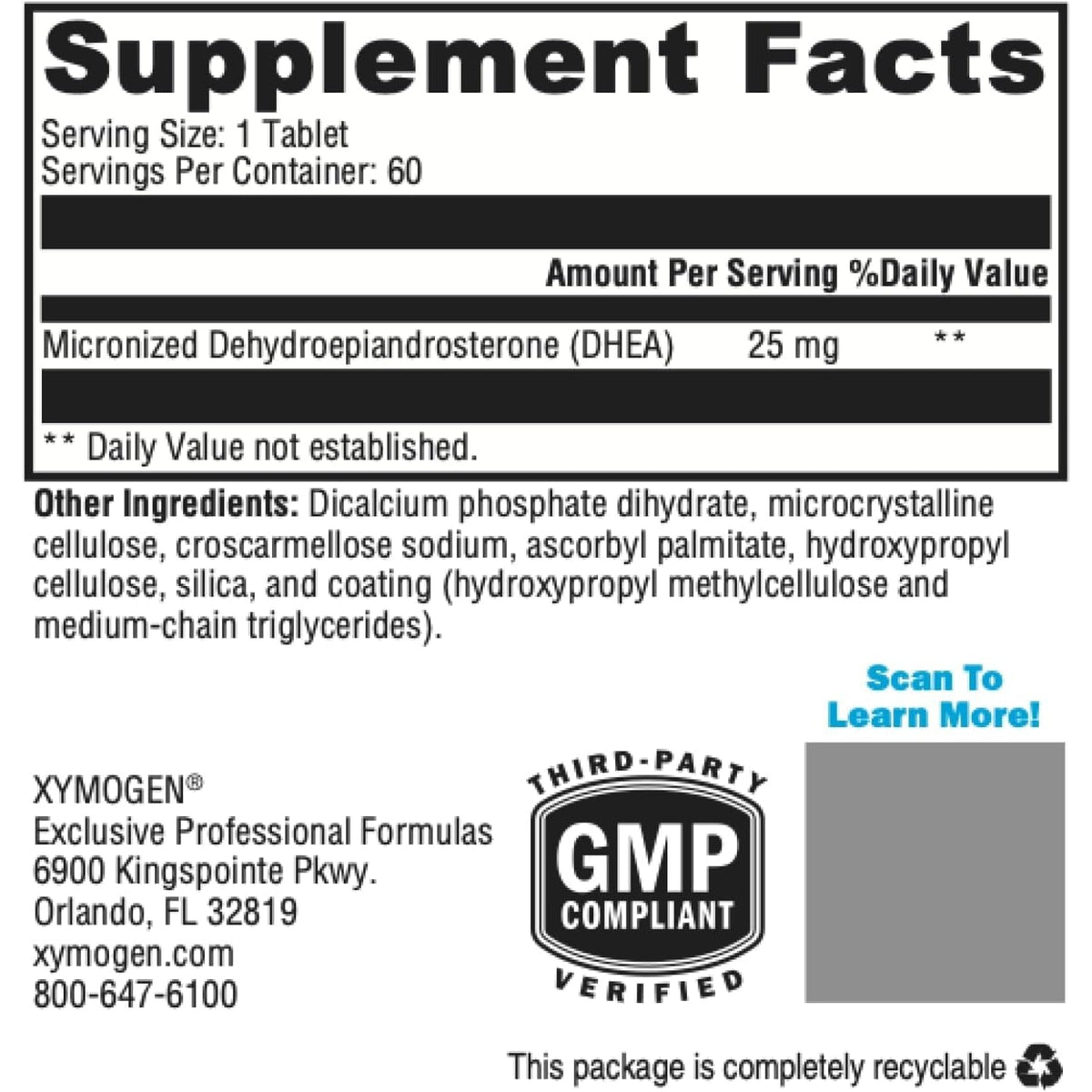 XYMOGEN DHEA Micronized - 25 Mg Dehydroepiandrosterone - Androgen and Estrogen Support - Gluten-Free, Soy Free & Dairy Free - 60 Tablets