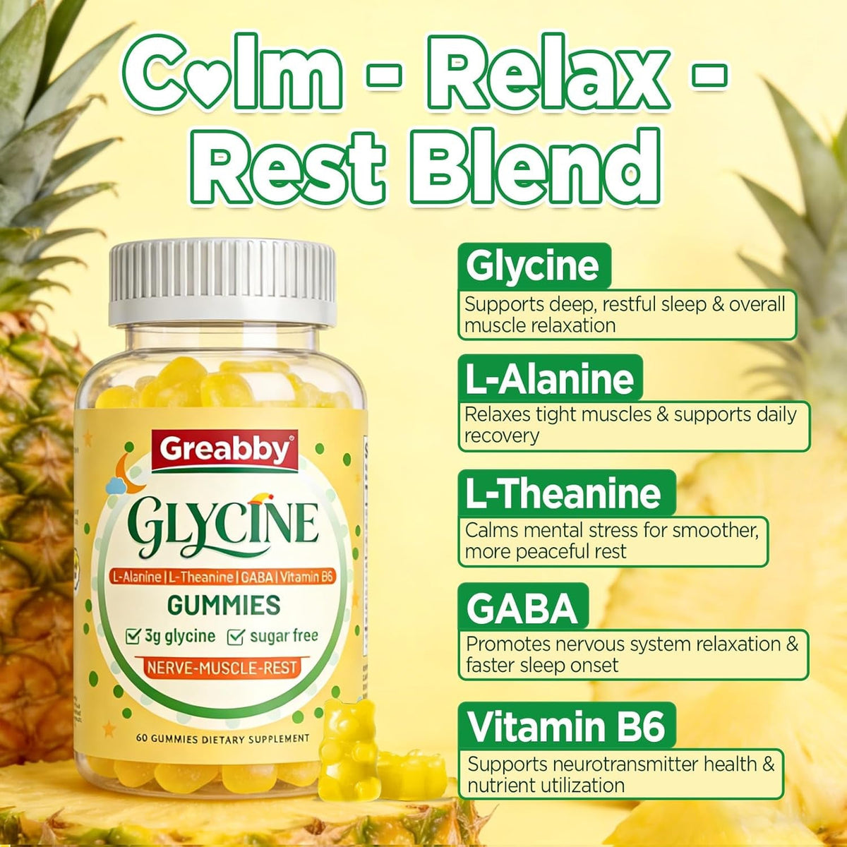 Glycine 3G Gummies, with L Alanine 1000 Mg, L Theanine, GABA, Vitamin B6, Sleep Support, Muscle Relaxation, High Absorption Glycine Supplements for Adults, Sugar Free Pineapple Flavor, 60 Gummies
