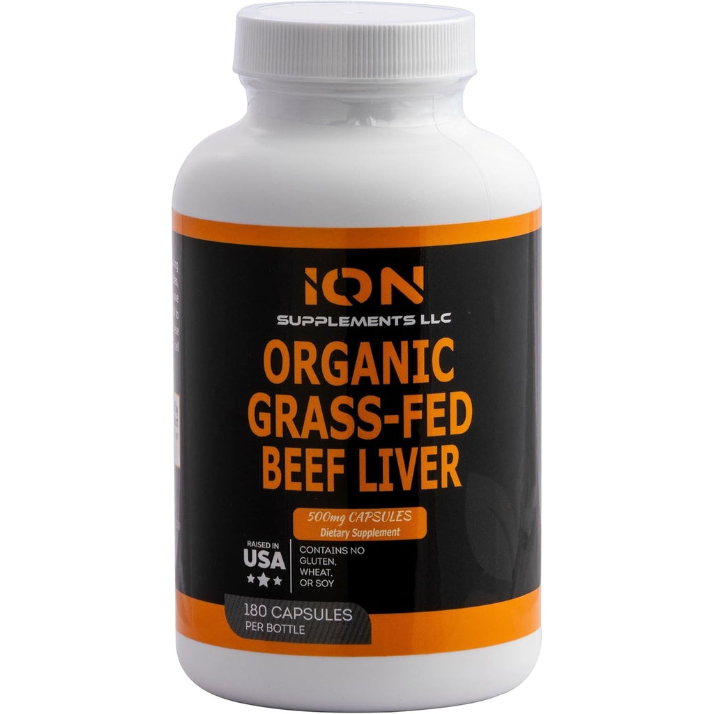 100% Organic Grass Fed Beef Liver Capsules (180 Caps) - Pasture Raised - Iron, Vitamin A, B, Collagen - Promotes Energy, Detoxification, Whole Body Wellness - Ancestral Paleo Living - Ion Supplements