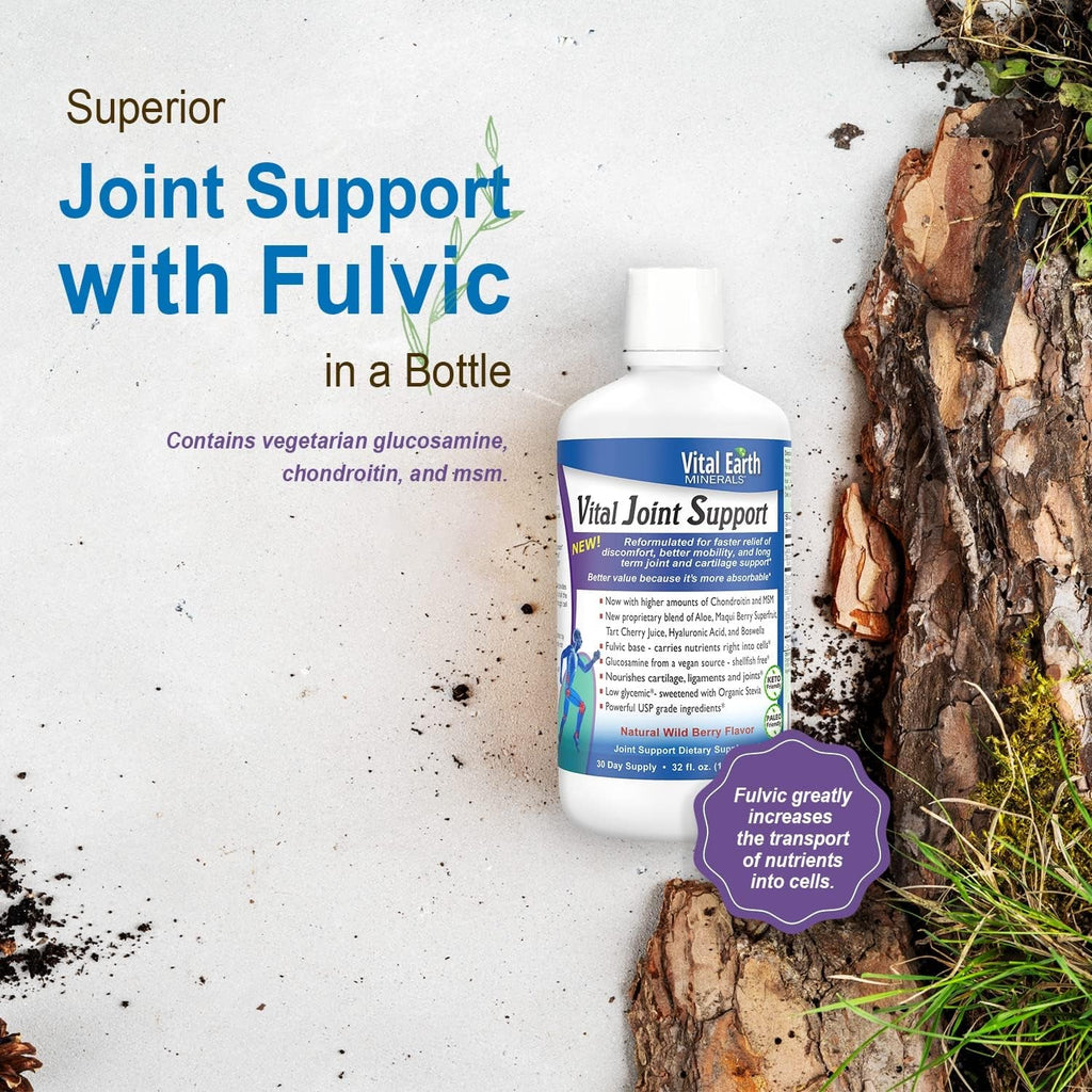Vital Earth Liquid Joint Support Supplement – Glucosamine, Chondroitin, MSM plus Hyaluronic Acid, Boswellia & Fulvic Acid (70+ Trace Minerals), 32 Oz + 1 Oz Cup