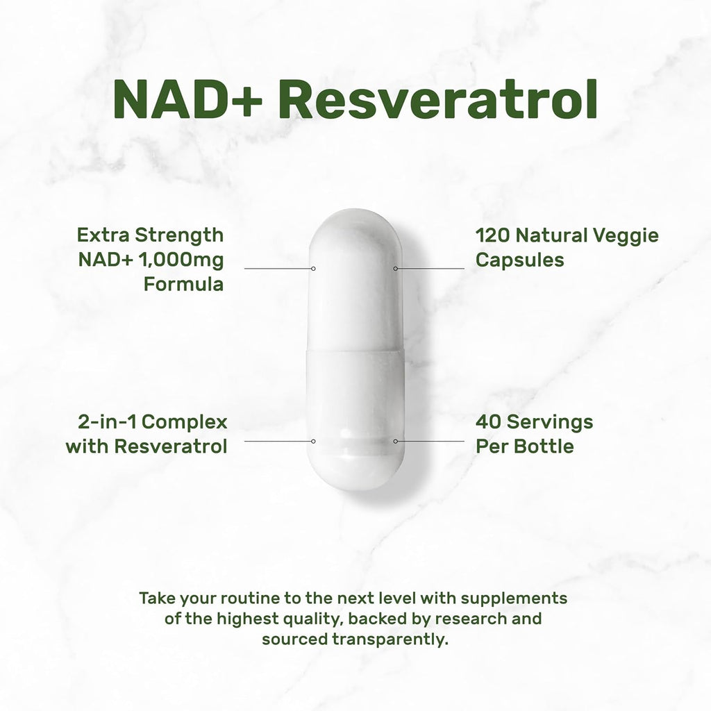 NAD+ Resveratrol Supplement 1,000Mg per Serving, 120 Veggie Capsules | 2-In-1 Extra Strength NMN Supplement Alternative | NAD Supplements for Women & Men | Non-Gmo, Gluten Free