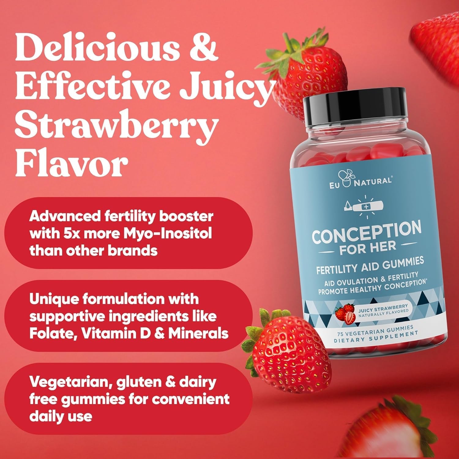 Conception for Her Fertility Gummies - Fertility Supplements for Women with Myo Inositol, Folate & More Essential Nutrients - Delicious Juicy Strawberry Hormone Balance Vitamins, 75 Ct Pectin Gummies