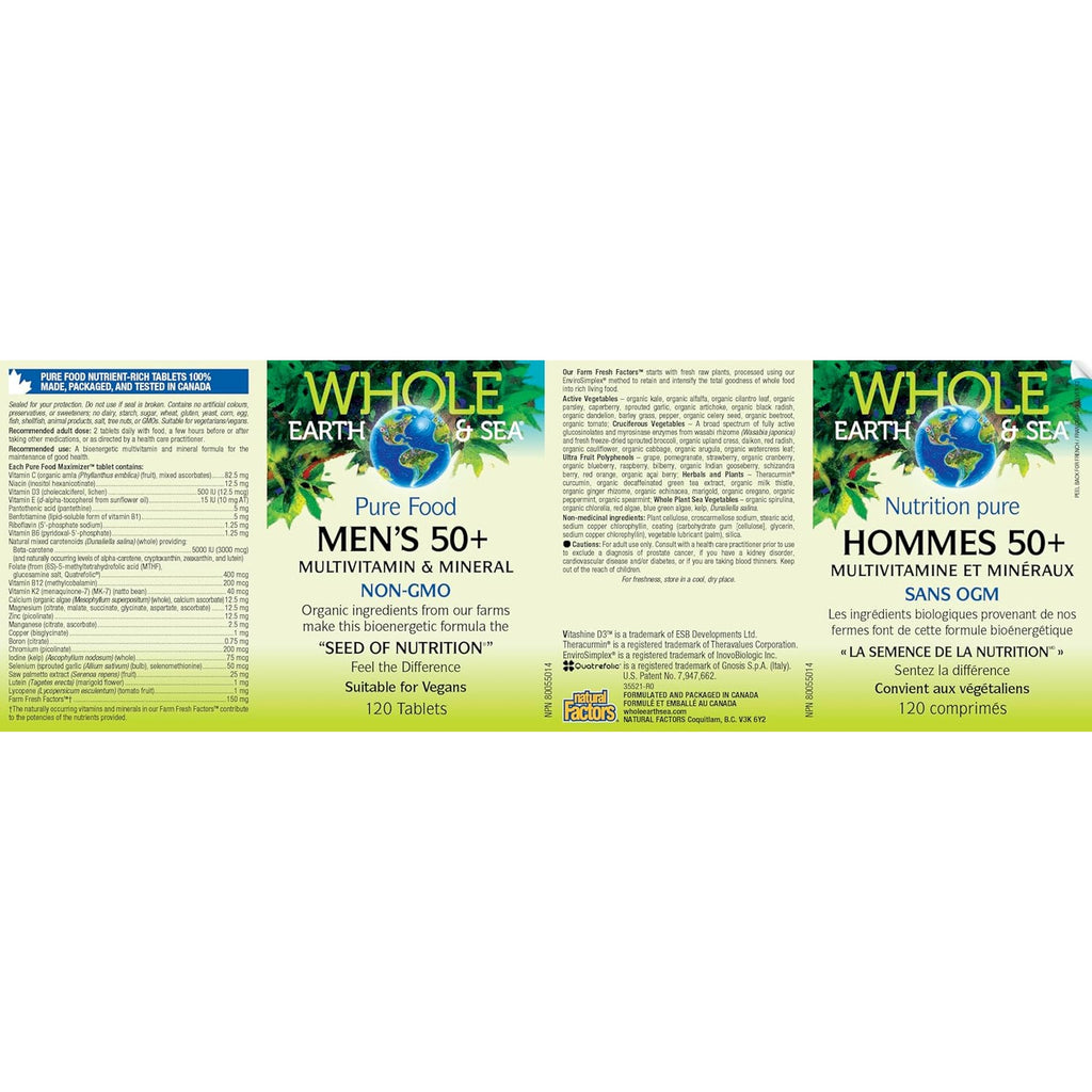 Natural Factors Whole Earth & Sea Men'S 50+ Multivitamin & Mineral - Daily Nutritional Support Multivitamin - Supports Brain Health & Immune System Function - Vegan - 120 Tablets (60 Servings)