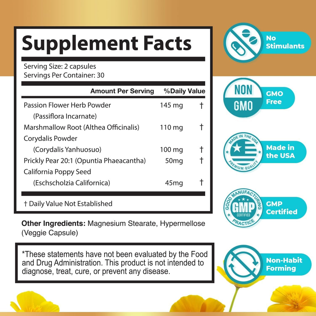 Nervecalm – Natural Calm Supplement | Herbal Blend with Passion Flower, Prickly Pear & California Poppy | Vegan Capsules, Non-Gmo, 1 Month Supply | Made in USA