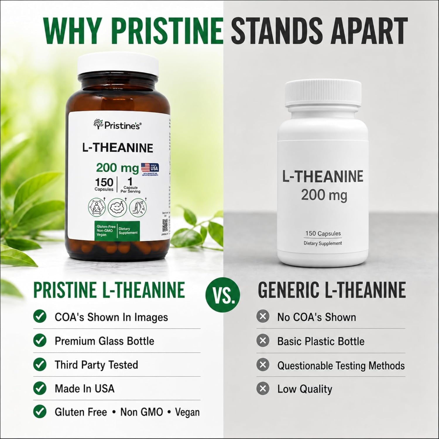 PRISTINE'S L Theanine 200Mg Supplement Capsules - 3Rd Party Tested Non GMO -150 Day Supply - Relaxation & Sleep Quality Support Capsules - Vegan, Cgmp Facility & Gluten Free Glass Bottles