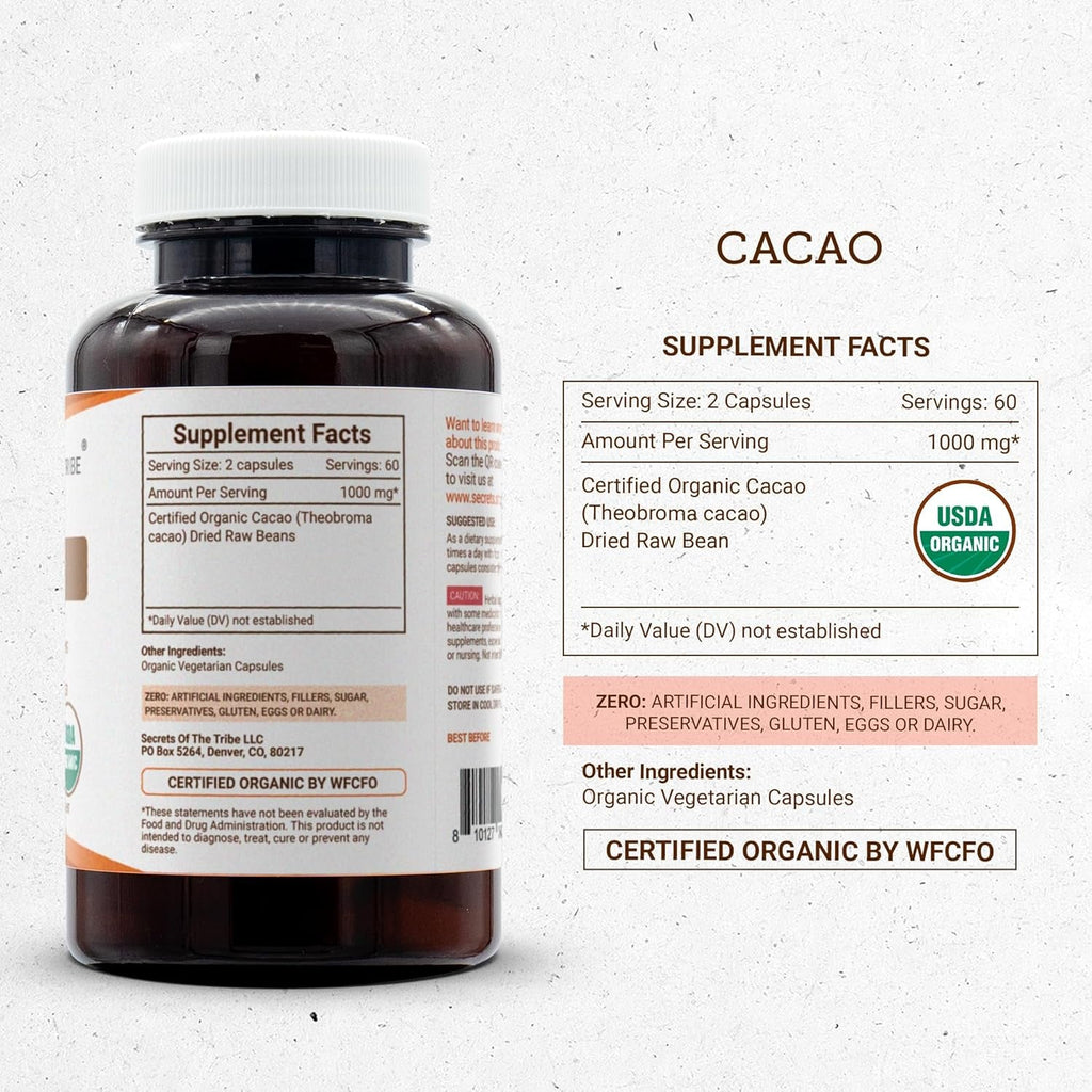 Secrets of the Tribe Cacao 120 Capsules, 1000 Mg, USDA Organic Cacao (Theobroma Cacao) Dried Raw Beans (120 Capsules)