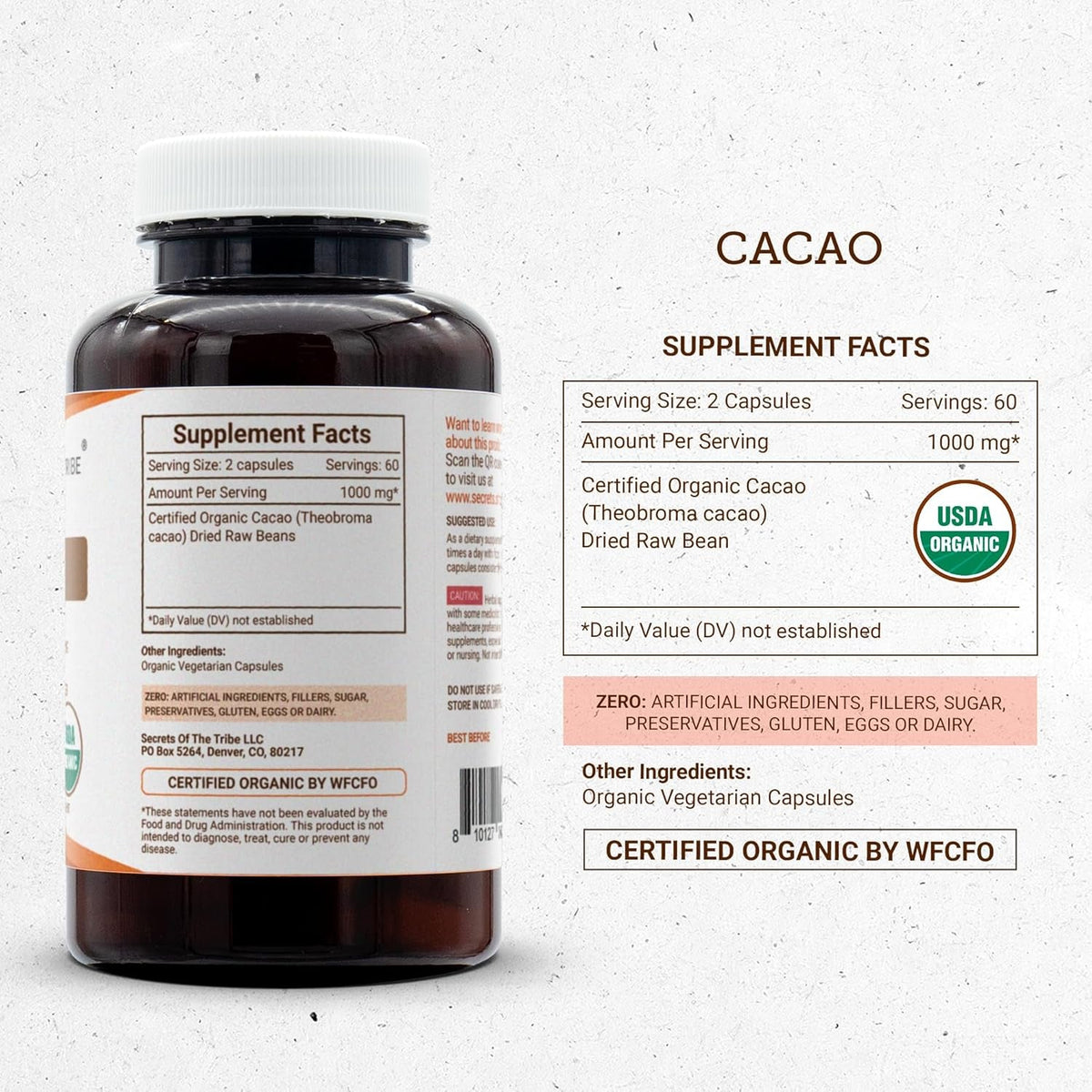 Secrets of the Tribe Cacao 120 Capsules, 1000 Mg, USDA Organic Cacao (Theobroma Cacao) Dried Raw Beans (120 Capsules)