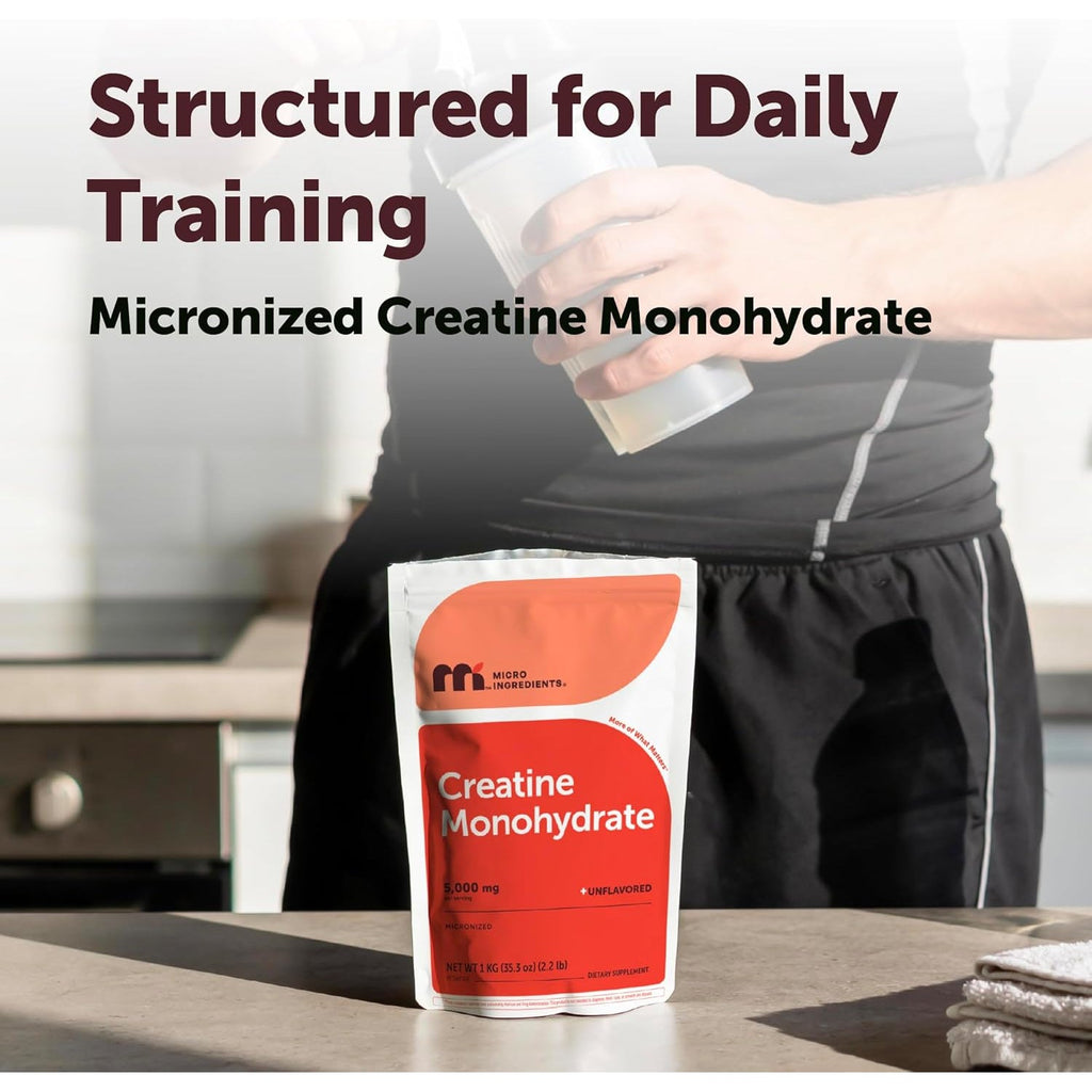 Micro Ingredients Creatine Monohydrate Powder 1 Kg (2.2 Lbs), 5000Mg per Serv, Micronized Creatine Powder, Unflavored, No Filler, Keto & Vegan, Easy Dissolve, Pre Workout for Women & Men*