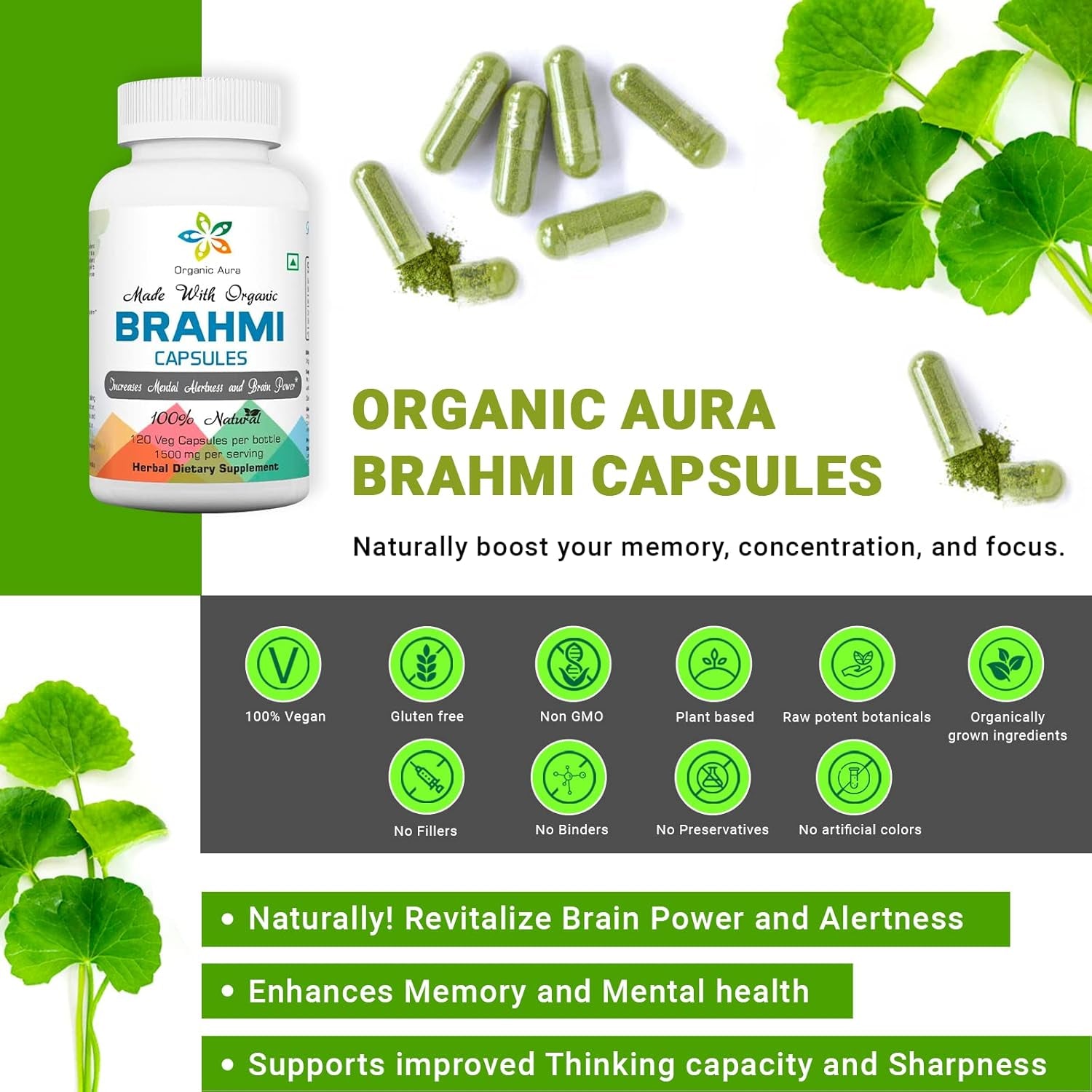 Organic Aura Brahmi Capsules -120 Count. Naturally Strengthens and Boosts Immunity and Memory. Whole Green Superfood. Non GMO - Gluten Free.