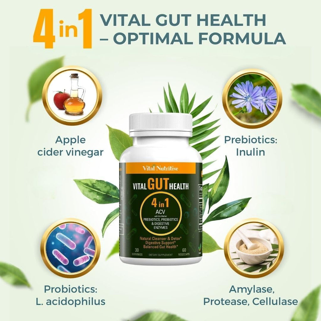 Vital Gut Health 4In1 Formula with Apple Cider Vinegar, Prebiotics & Probiotics, Digestive Enzymes for Strong Immunity Support and Complete Gut and Digestion Support- 30 Days Supply