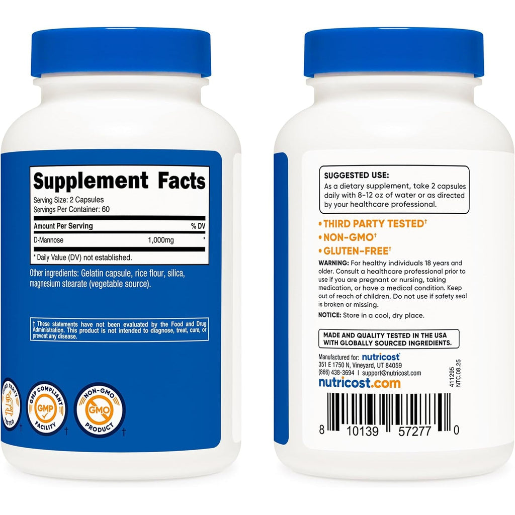Nutricost D-Mannose 1000Mg per Serving, 120 Capsules - 500Mg per Capsule, Urinary Tract Health, Non-Gmo and Gluten Free