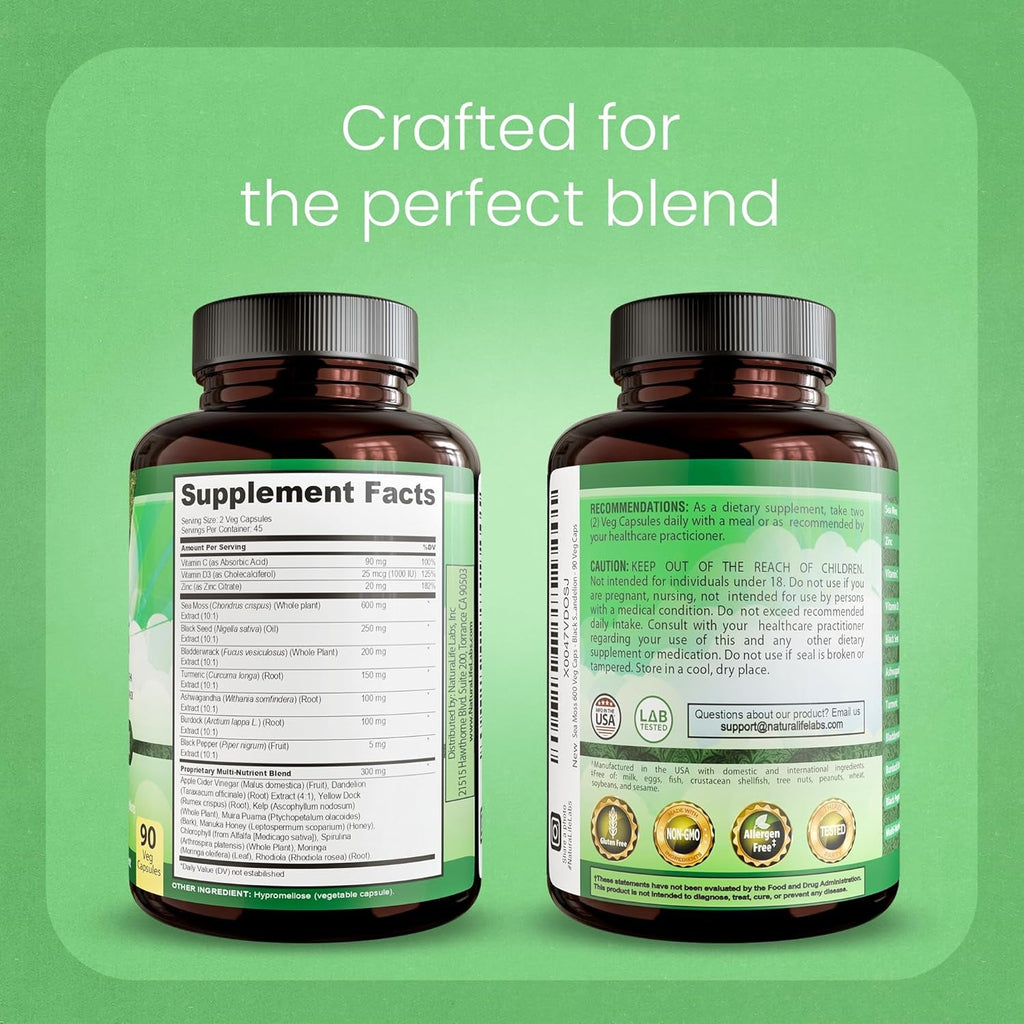 Sea Moss, Black Seed Oil, Bladderwrack, Turmeric, Ashwagandha, Burdock, Vitamin C, D3, Yellow Dock Root, Manuka, Dandelion - 90 Veggie Caps