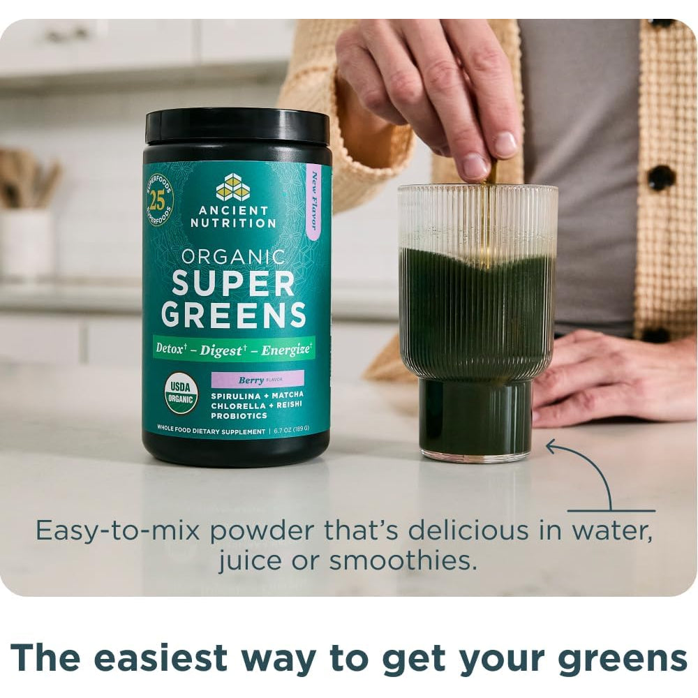 Ancient Nutrition Supergreens Powder with Probiotics, Organic Berry Flavor Greens, Made from Real Fruits, Vegetables and Herbs, Digestive and Energy Support, 25 Servings, 6.7Oz