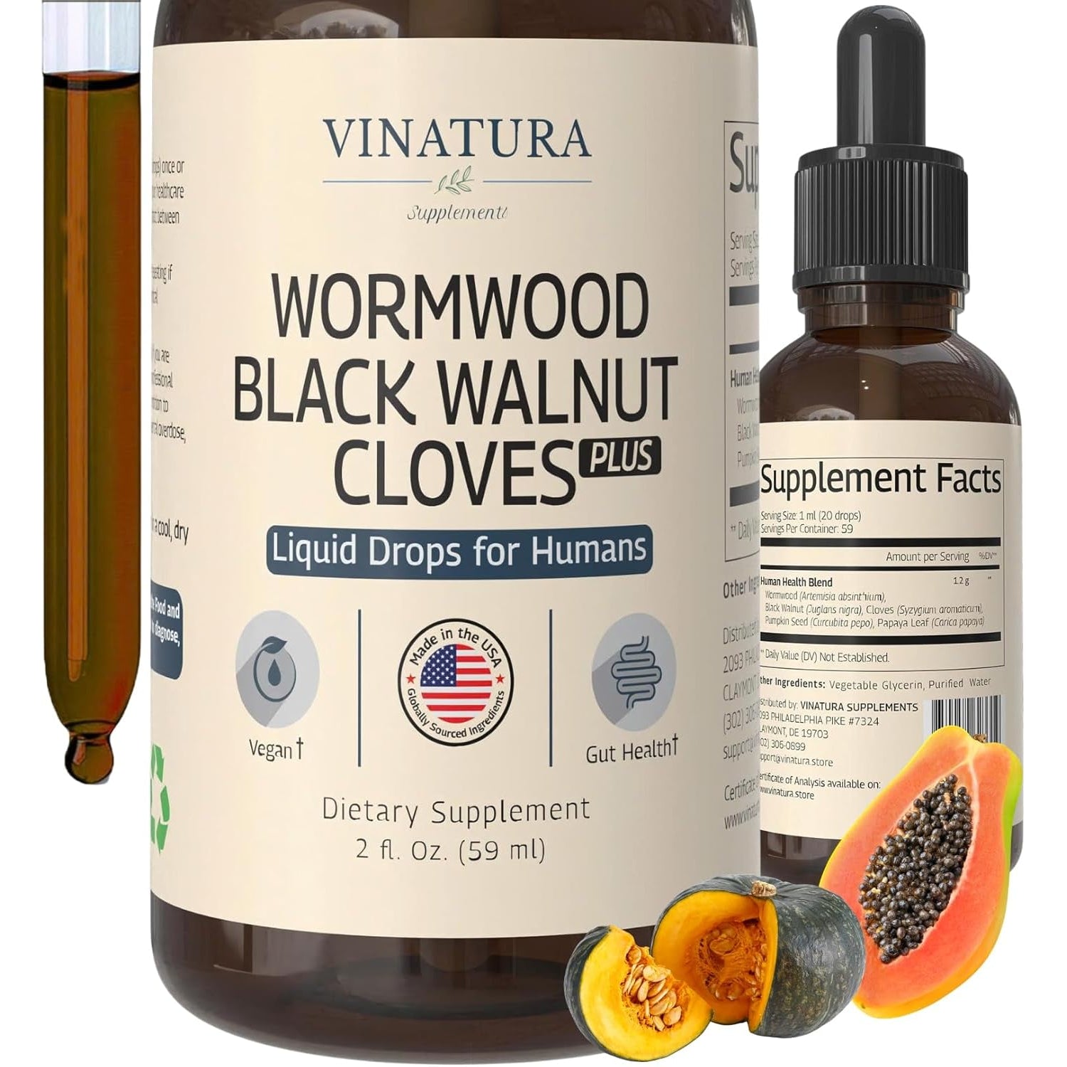VINATURA Wormwood Black Walnut Cloves Liquid - Cleanse, Detox for Humans with Papaya Leaf and Pumpkin Seed, Intestinal Guard Formula Supplement - 2 Fl Oz