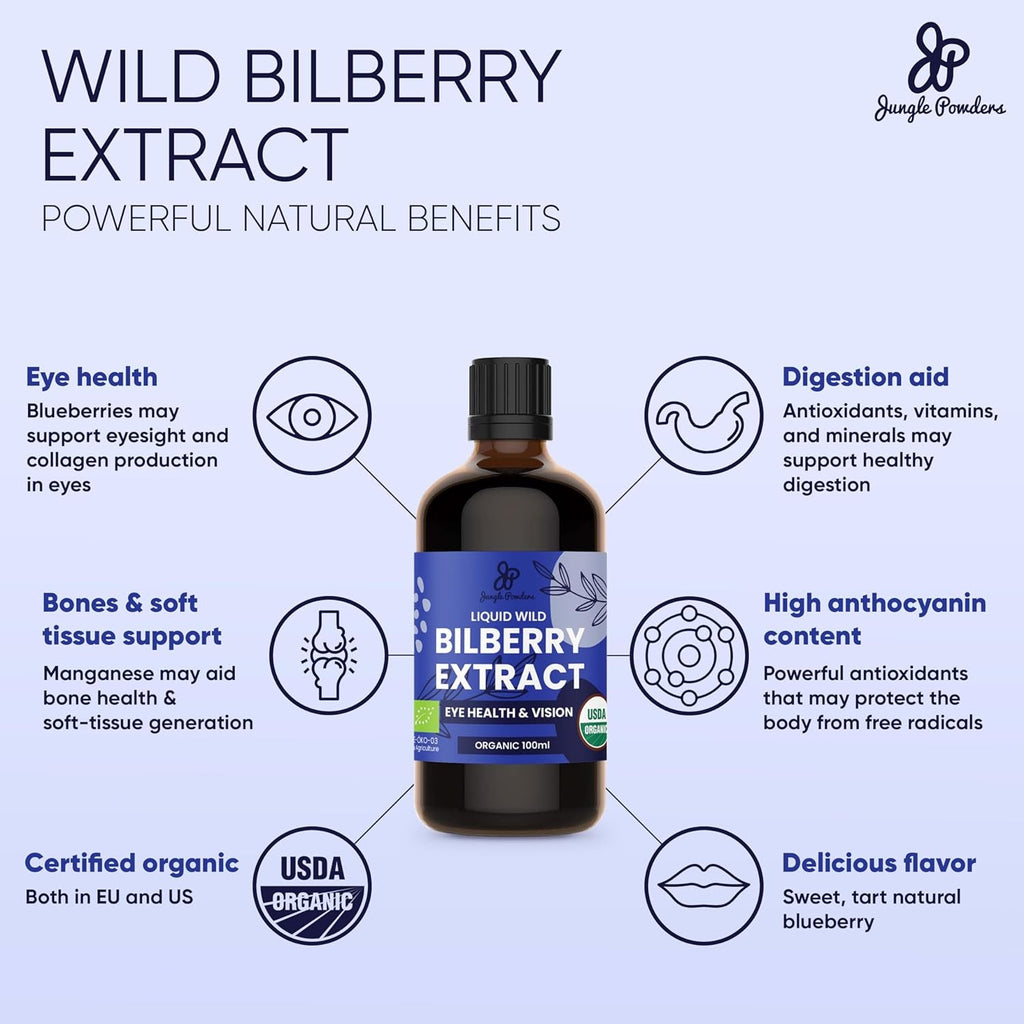 Jungle Powders Wild Bilberry Extract for Eyes USDA Organic 3.4Oz Bottle of Liquid Bilberry Anthocyanin Alcohol-Free European Blueberry Bilberry Supplement for Eyes High Bioavailability Liquid Extract