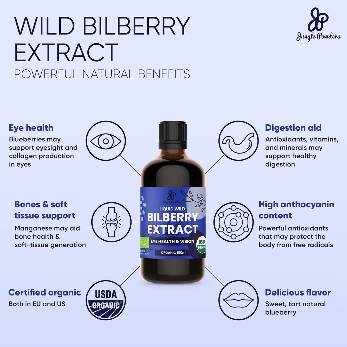 Jungle Powders Wild Bilberry Extract for Eyes USDA Organic 3.4Oz Bottle of Liquid Bilberry Anthocyanin Alcohol-Free European Blueberry Bilberry Supplement for Eyes High Bioavailability Liquid Extract