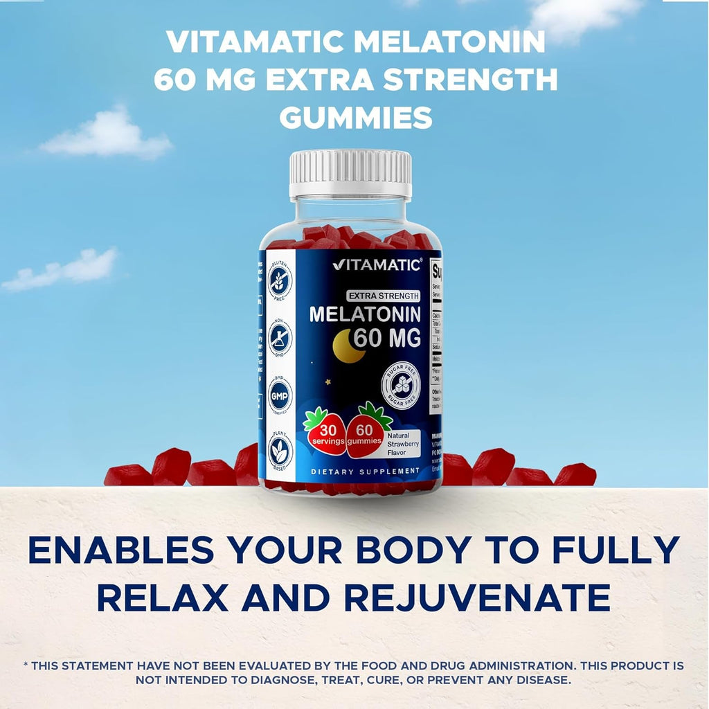Vitamatic Sugar Free Melatonin 60 Mg - 60 Vegetarian Gummies - Non-Habit Forming Supplement