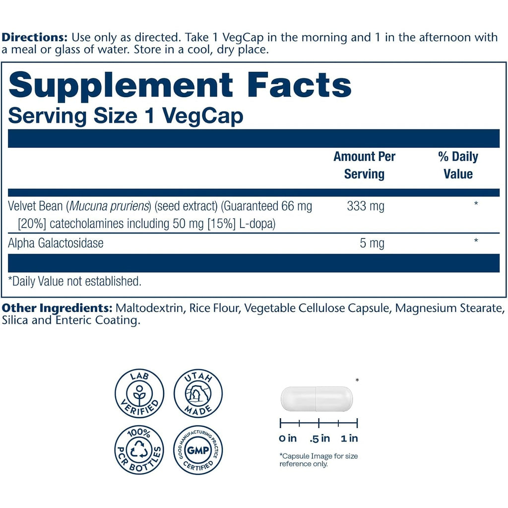 SOLARAY Dopabean 333Mg - Mucuna Pruriens L-Dopa - Wellness Support Supplement - Velvet Beans Seed Extract with 15% L Dopa plus Alpha Galactosidase - Enteric Coated, 60-Day Guarantee - 60 Servings