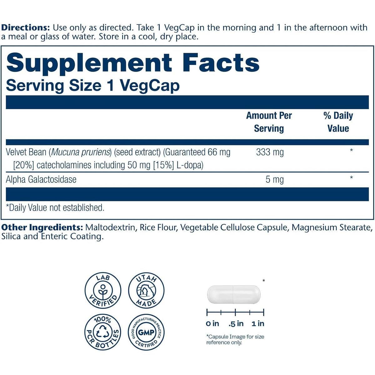 SOLARAY Dopabean 333Mg - Mucuna Pruriens L-Dopa - Wellness Support Supplement - Velvet Beans Seed Extract with 15% L Dopa plus Alpha Galactosidase - Enteric Coated, 60-Day Guarantee - 60 Servings