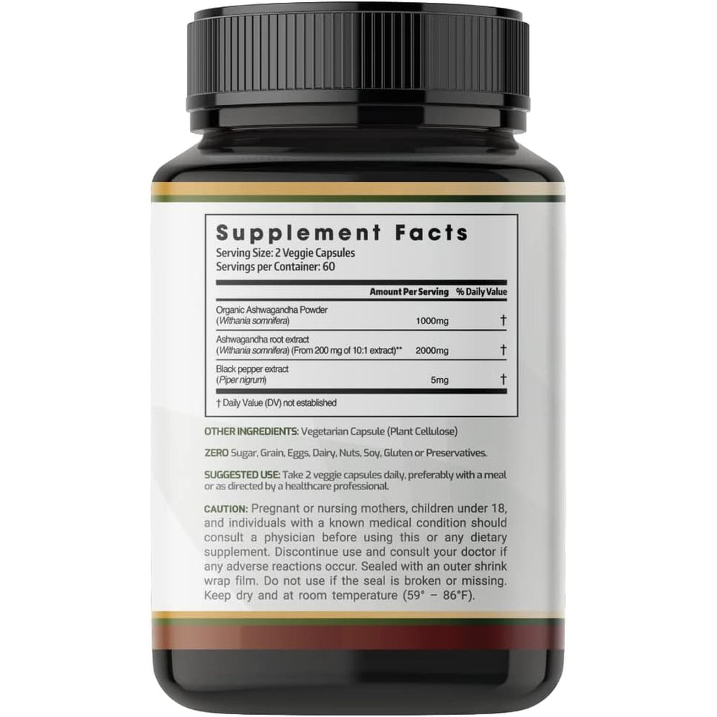Ashwagandha Capsules 3,000 Mg - 120 Vegan Cap Made with Organic Ashwagandha Powder and Root Extract. Gluten Free. Made in USA