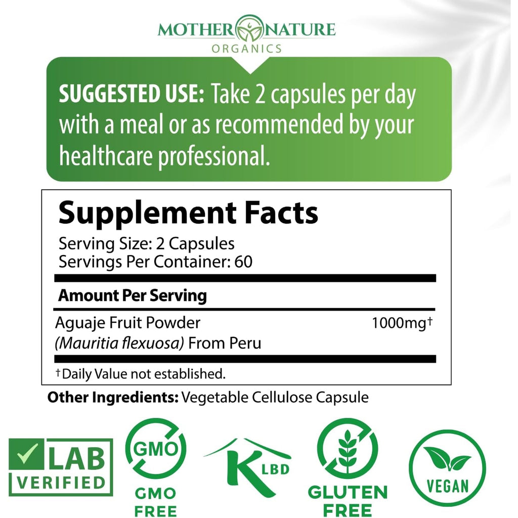 Mother Nature Aguaje Curves Capsules for Women, 1000Mg (120Ct), Natural & Sustainably Sourced Aguaje Fruit from Peru for Female Health, Hormone Balance, Curve Enhancer, Vegan, Non-Gmo & Gluten-Free