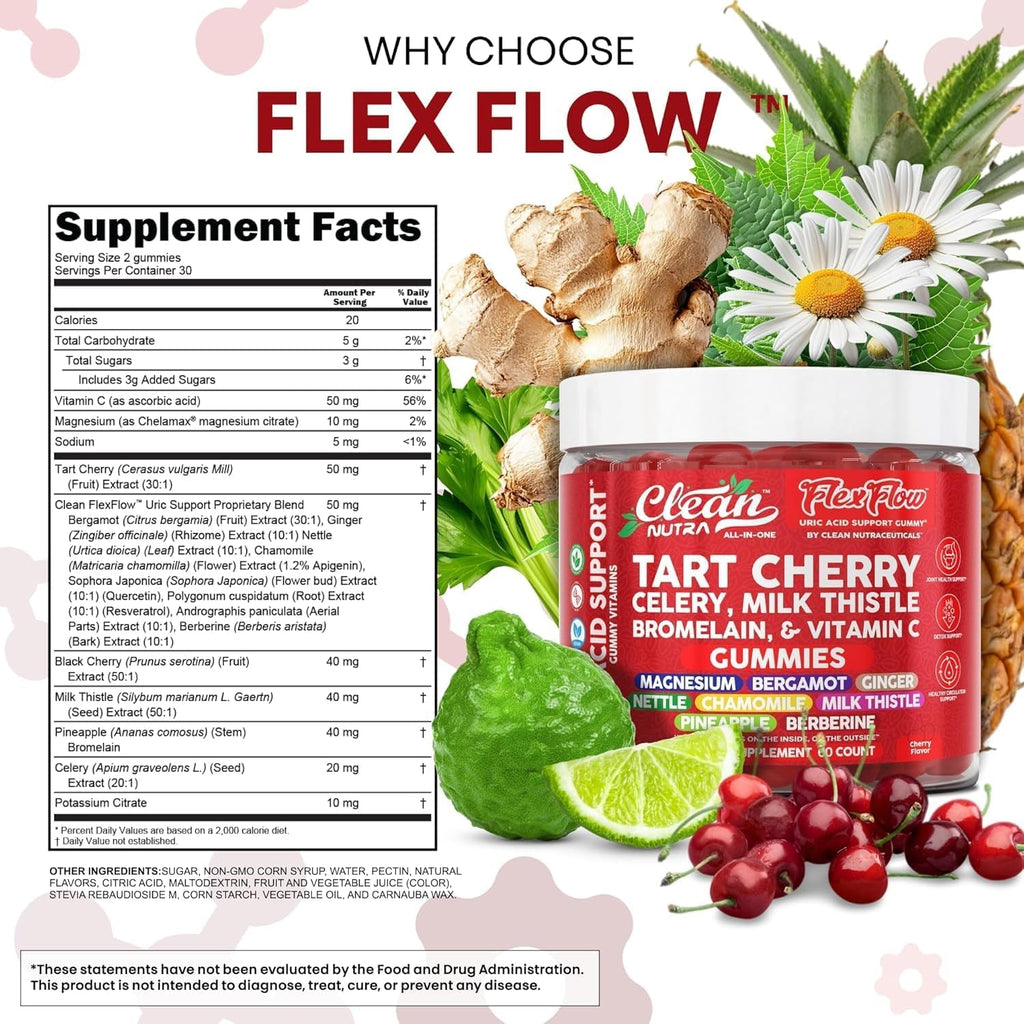 Clean Nutra Tart Cherry Gummies Uric Acid Flush Celery Milk Thistle Bromelain Vitamin C Magnesium Citrus Bergamot Ginger Stinging Nettle Leaf Chamomile Berberine Quercetin Support 60 Gummy Vitamins