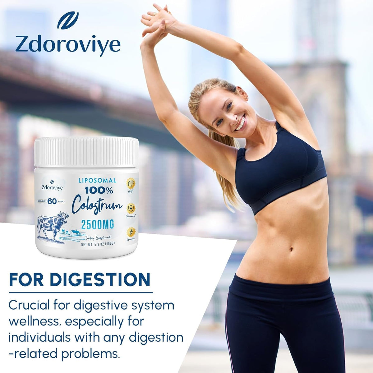 Zdoroviye Liposomal Bovine Colostrum Powder Supplement 2500 Mg, Higher Absorption than Regular Bovine Colostrum (60 Servings)