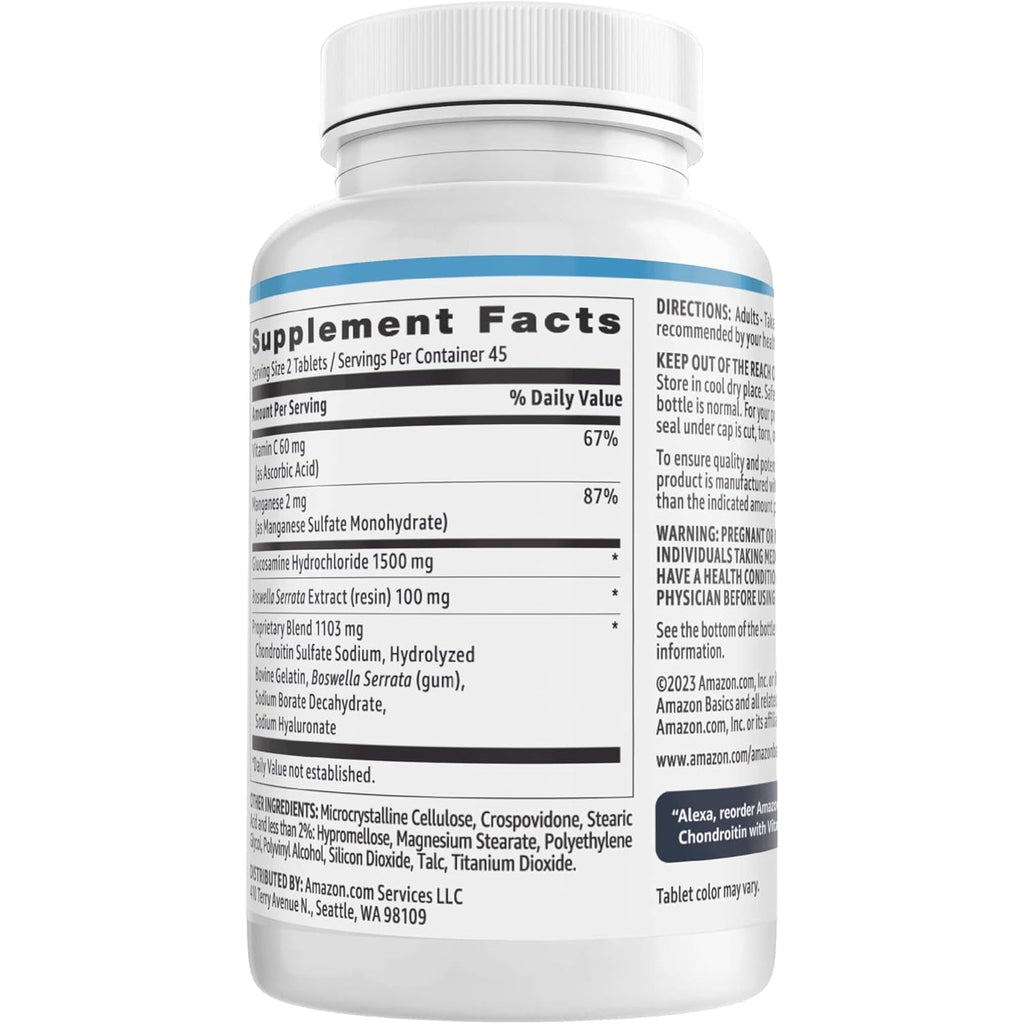 Amazon Basics - Glucosamine Chondroitin, 1500 Mg, with Vitamin C 60 Mg, 90 Tablets (2 per Serving), Gluten Free