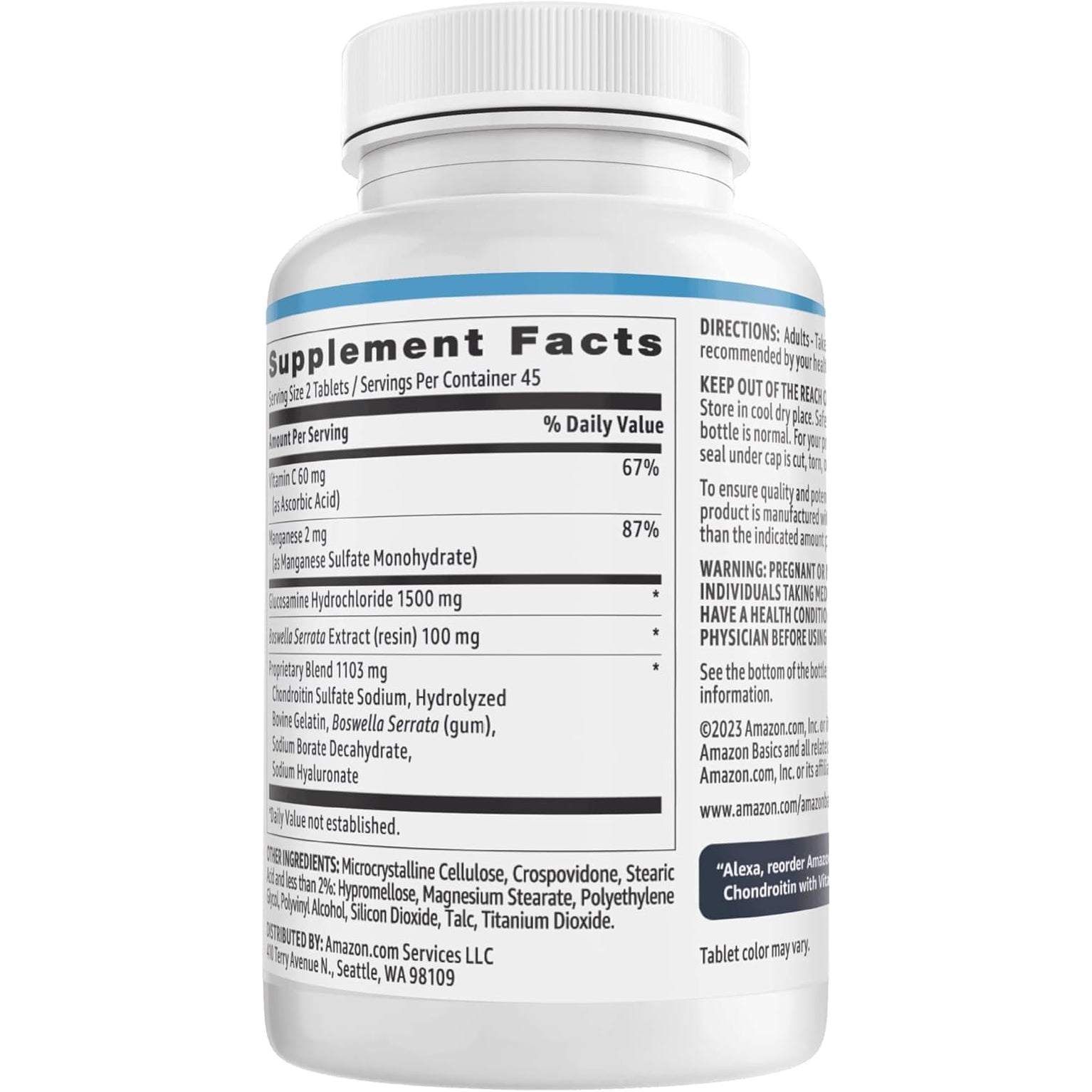 Amazon Basics - Glucosamine Chondroitin, 1500 Mg, with Vitamin C 60 Mg, 90 Tablets (2 per Serving), Gluten Free