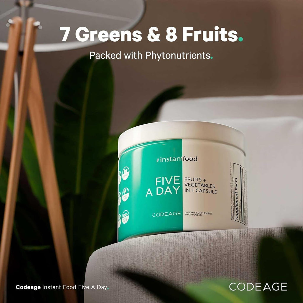 Codeage Instantfood Five a Day – Fruits & Vegetables Capsule Supplement – Whole Food Phytonutrients – 15 Fruits and Veggies Blend - Vegan, Non-Gmo – 30 Capsules